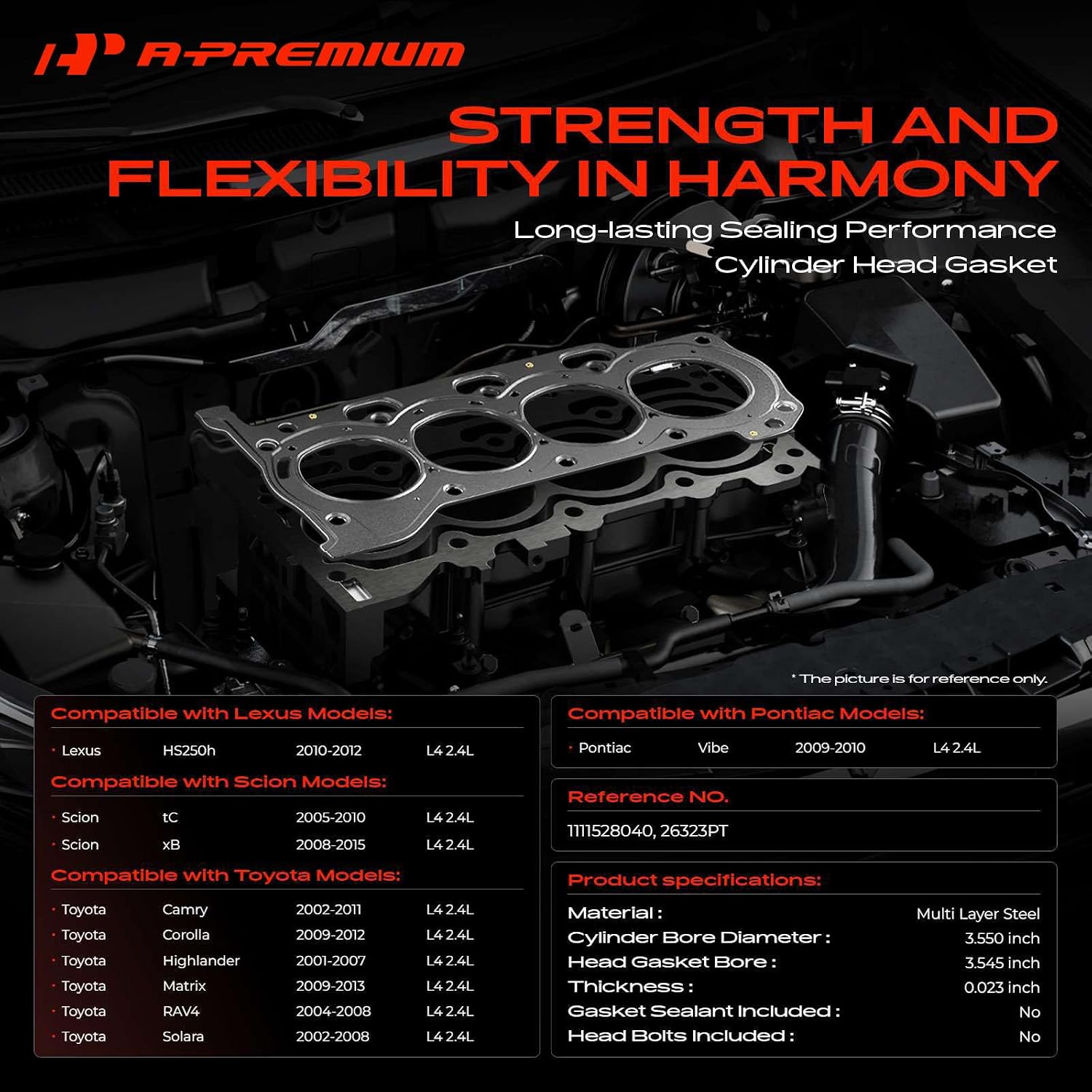 A-Premium L4 2.4L Engine Cylinder Head Gasket Compatible with Toyota Camry 02-11, RAV4 04-08, Corolla 09-12, Highlander 01-07, Matrix 09-13, Solara 02-08 & Scion tC, xB & Lexus HS250h & Pontiac Vibe