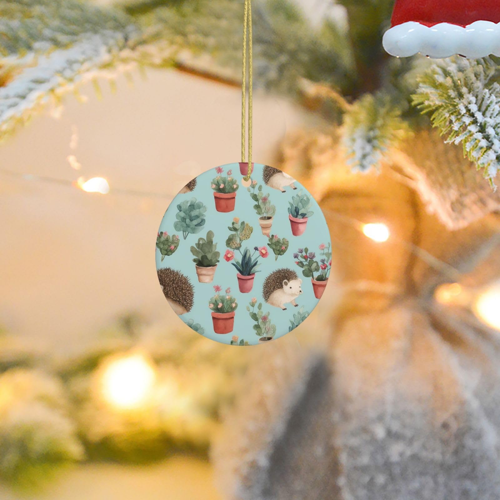 Christmas Tree Ornaments Ceramics Christmas Round Decorations Hedgehog Potted Flower Ceramics Ornaments Circle Pentagram Xmas Tree Hanging Pendant for Christmas Tree Party Holiday Home Decor