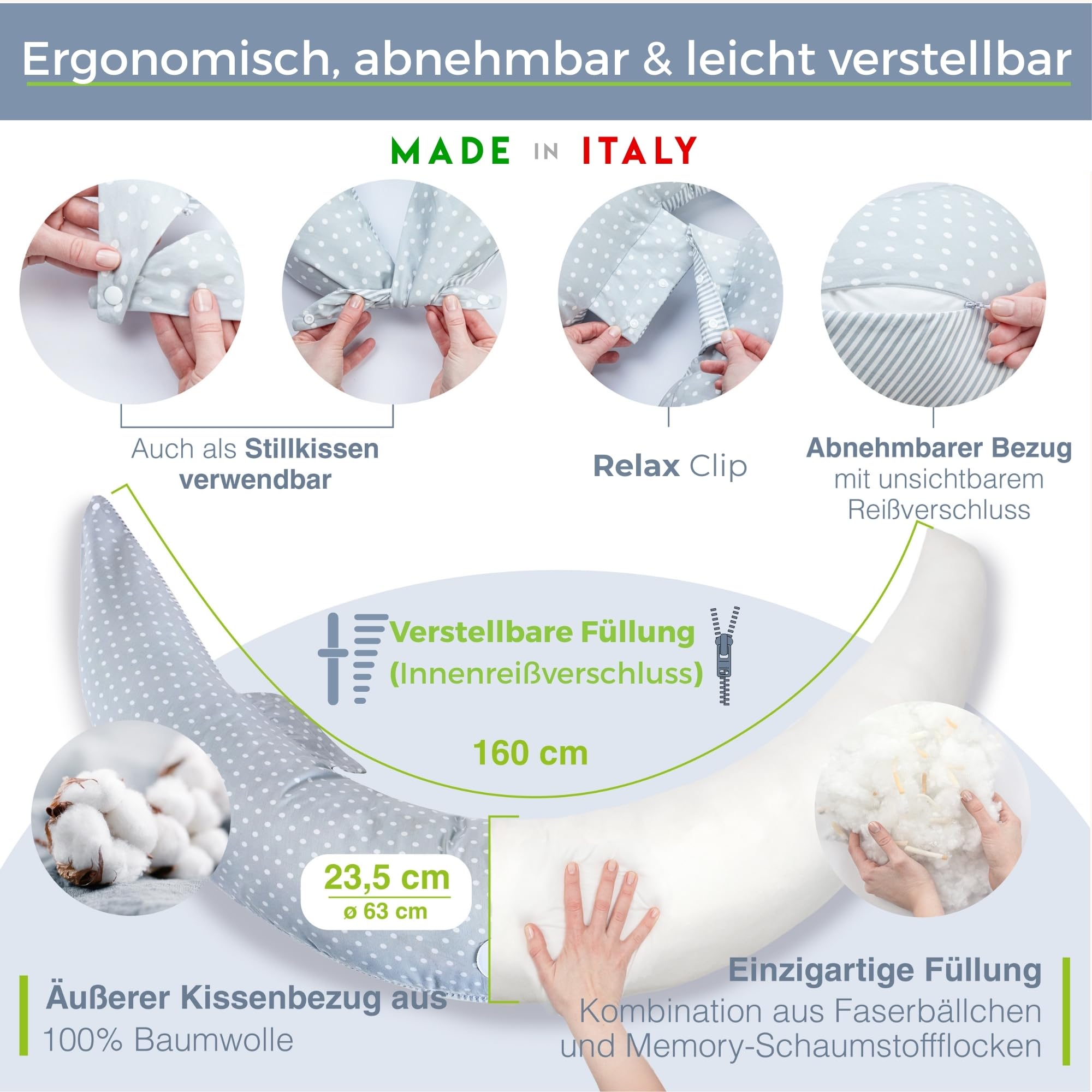 Dilamababy Schwangerschaftskissen mit Memory Foam Floken und Faserbällchen - Stillkissen XXL - Pregnancy Pillow - Multifunktionale Seitenlagerung mit Baumwollbezug 100% für Schwangere
