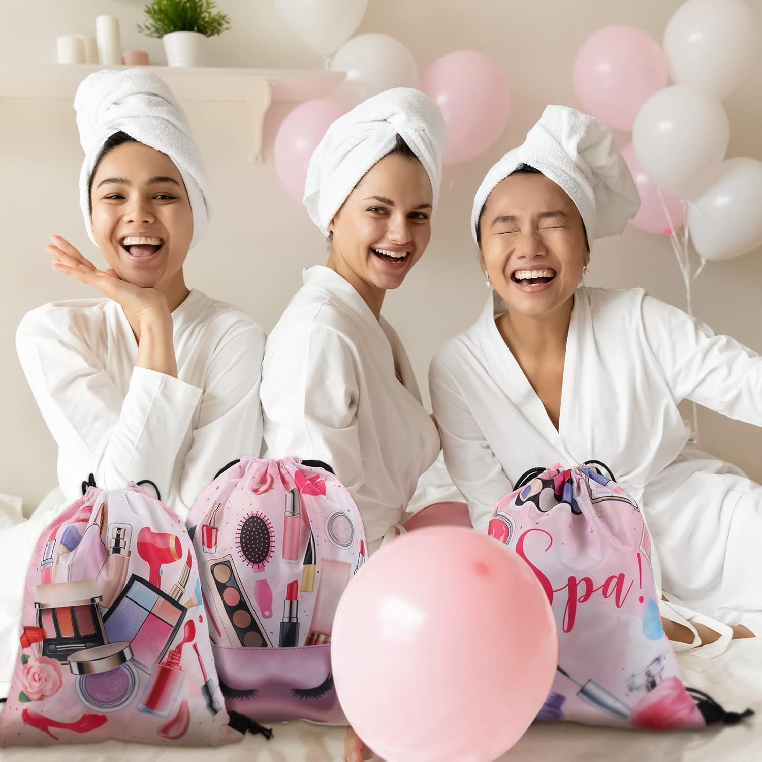 Equsion 24 Pcs Spa Party Favor Bags Drawstring Backpack Gift Bags for Girls Women Makeup Birthday Party Decorations Salon Baby Shower Spa Decorations, 12 x 10 Inch