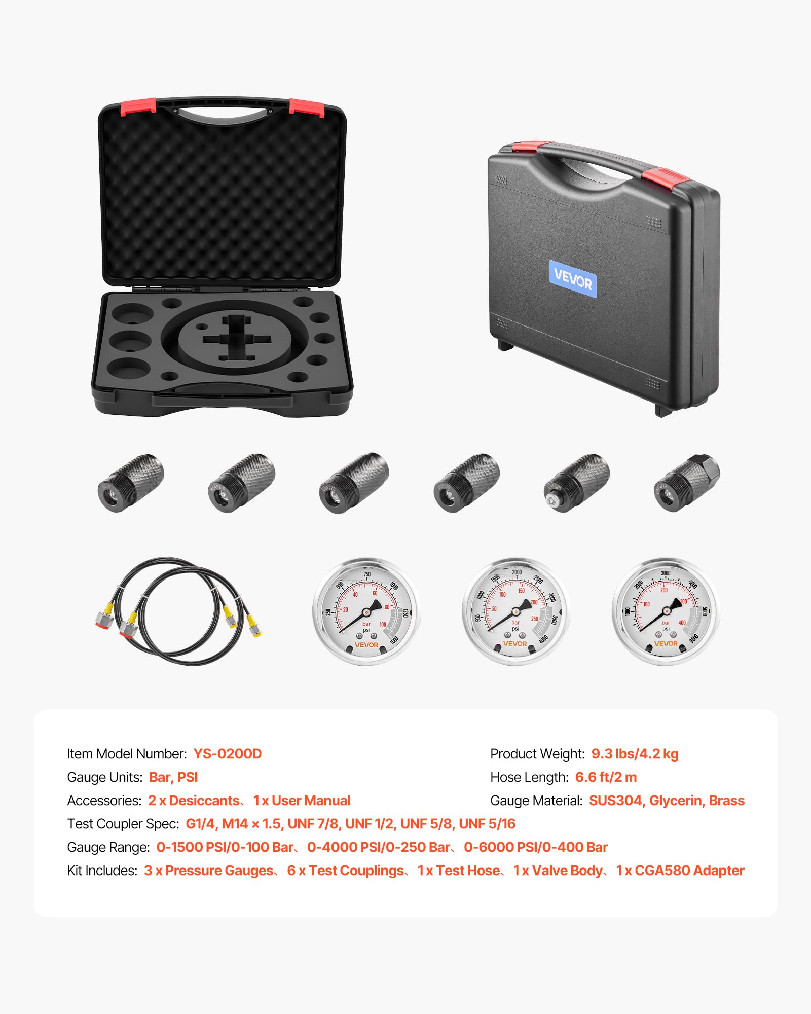 VEVOR Kit de Carga para Almacenamiento Hidráulico de Nitrógeno, Impermeable, con 3 Manómetros 103/276/414 bar, 6 Acopladores Adaptadores, 1 Manguera de Gas, 1 Válvula, 1 Adaptador CGA580, Negro