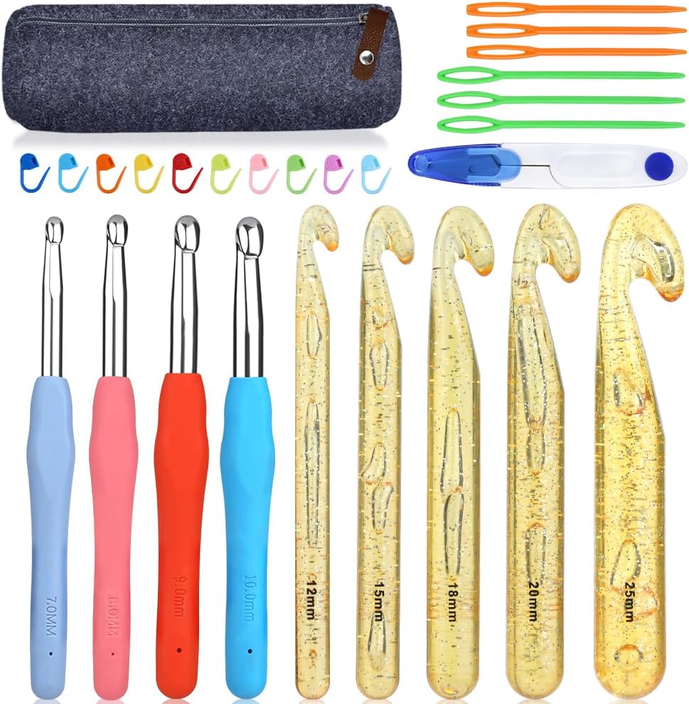 Crochet Hook Set 5 Sizes Large Crochet Hooks and 4 Sizes Ergonomic Crochet Hooks with Stitch Markers Sewing Needles for Giant Chunky Yarn Carpet Scarf Bulky Wool Roving Weaving