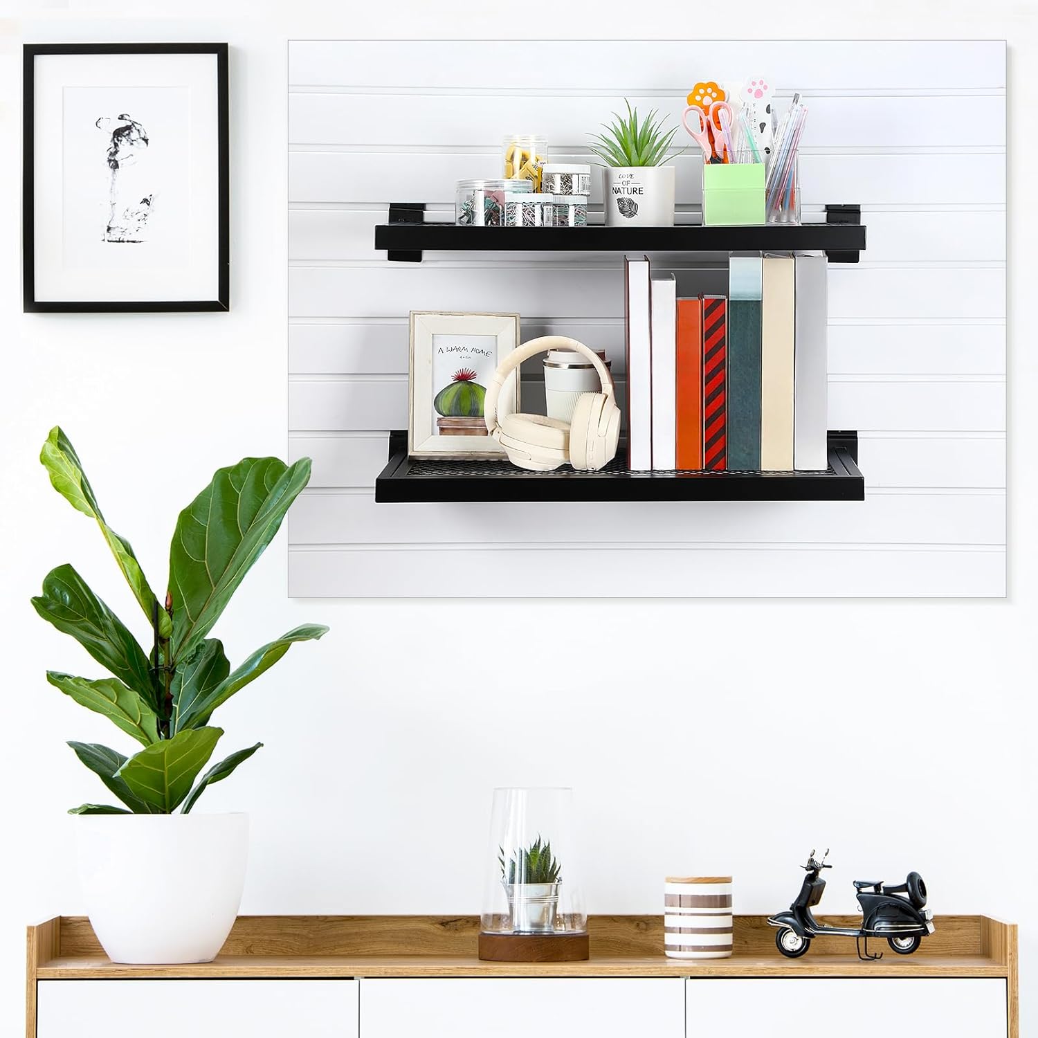 Coume 4 Pack Slatwall Shelf Metal 23.6 x 11.8 Inch Slatwall Display Rack Wall Mount Hanging Accessory for Garage Workshop Stores Retail Boutiques Storage and Organization Black