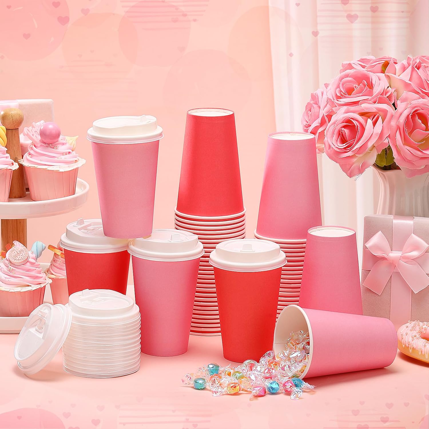 Tioncy 60 Pcs 12oz Valentine's Day Coffee Paper Cups with Lids Hot Cocoa Cups Valentines Red Pink Paper Beverage Tumbler Hot Chocolate Cocoa Container for Wedding Anniversary Party Supplies - Image 6