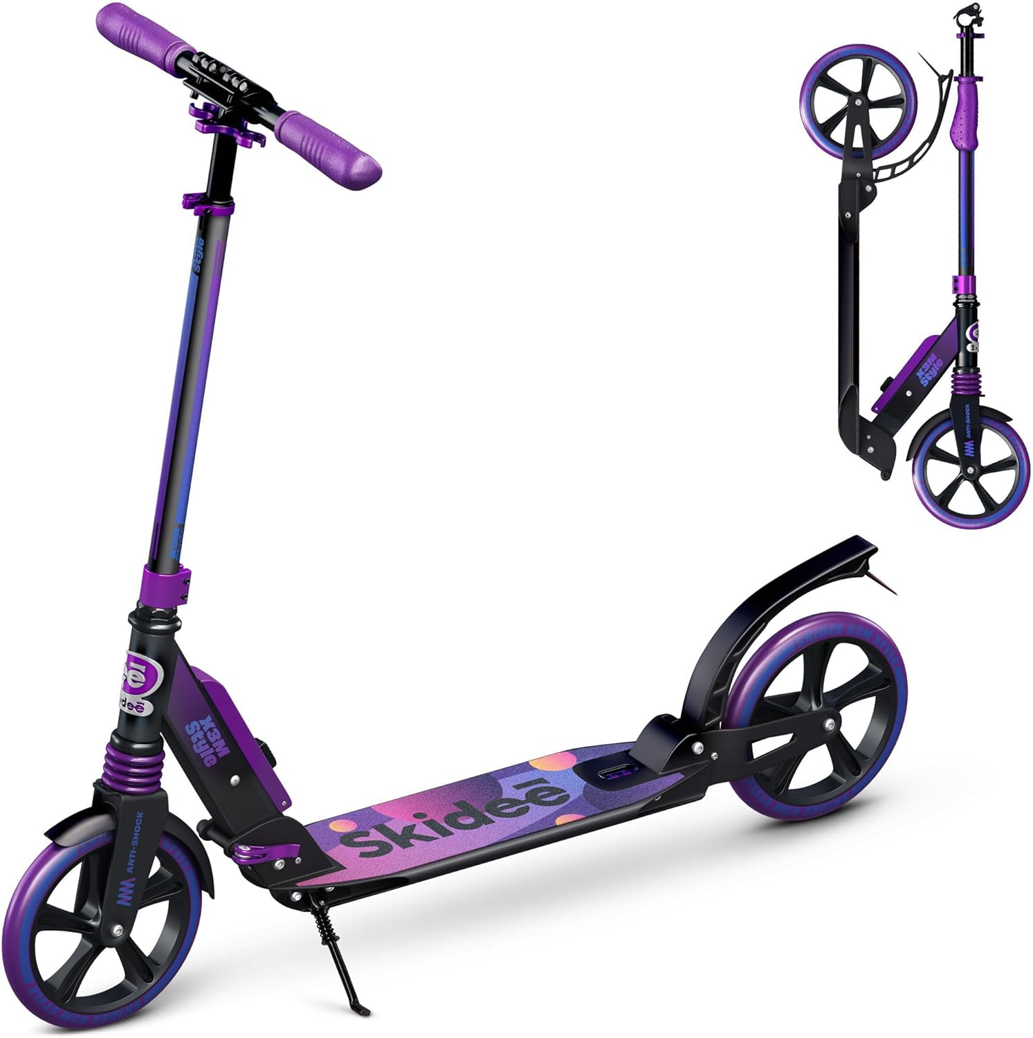 Skidee Adult & Teen Scooter Adjustable Height, Folding, Large Wheels, Lightweight, Durable, Anti-Shock Suspension, Up to 220 lbs product image