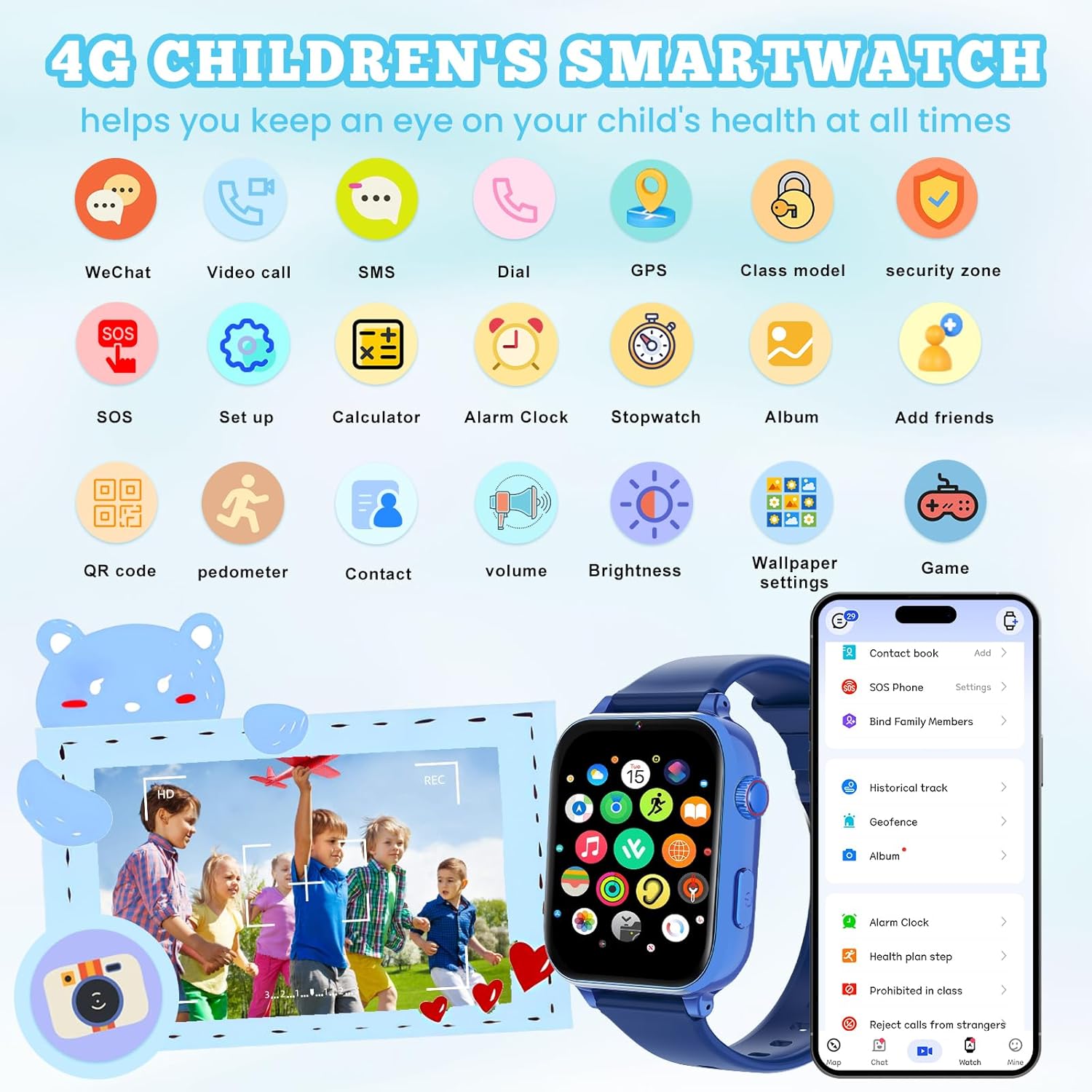 4G Kids Smart Watch for Boys Girls, Kid Watch Phone Ages 4-12 with Call, GPS, SOS, Video Call, Games, Camera, Alarm, Touchscreen Smartwatch for Children Birthday Gift (Includes SIM Card),Navy Blue