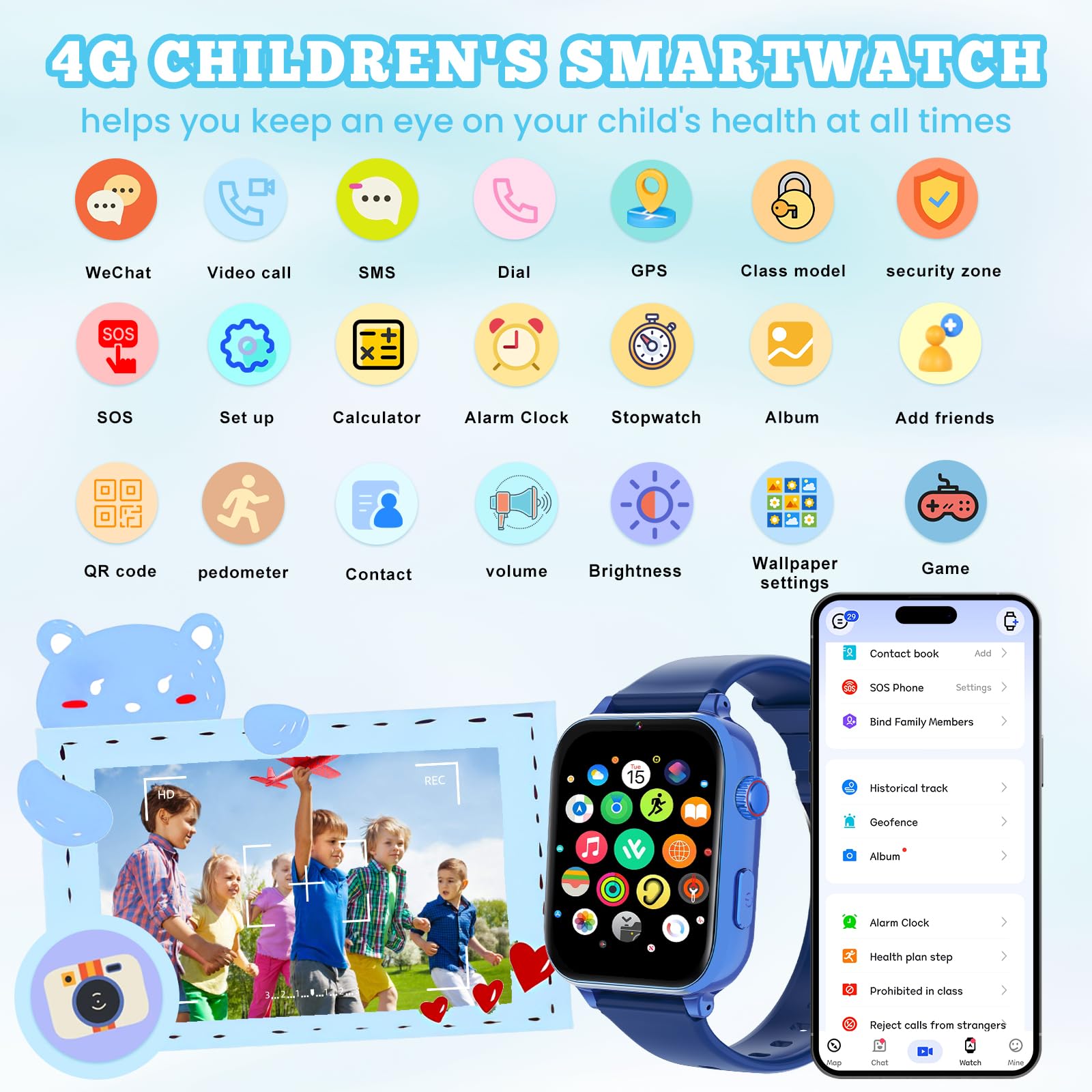 4G Smartwatch Bambini, Kids Smart Watch Intelligente con GPS, SOS, WIFI, Chat Vocale, Videochiamata, Modo Classe, Giochi Sveglia Contapassi Ragazzi Ragazze Orologio Regalo 4 ai 12 anni, Blu Navy