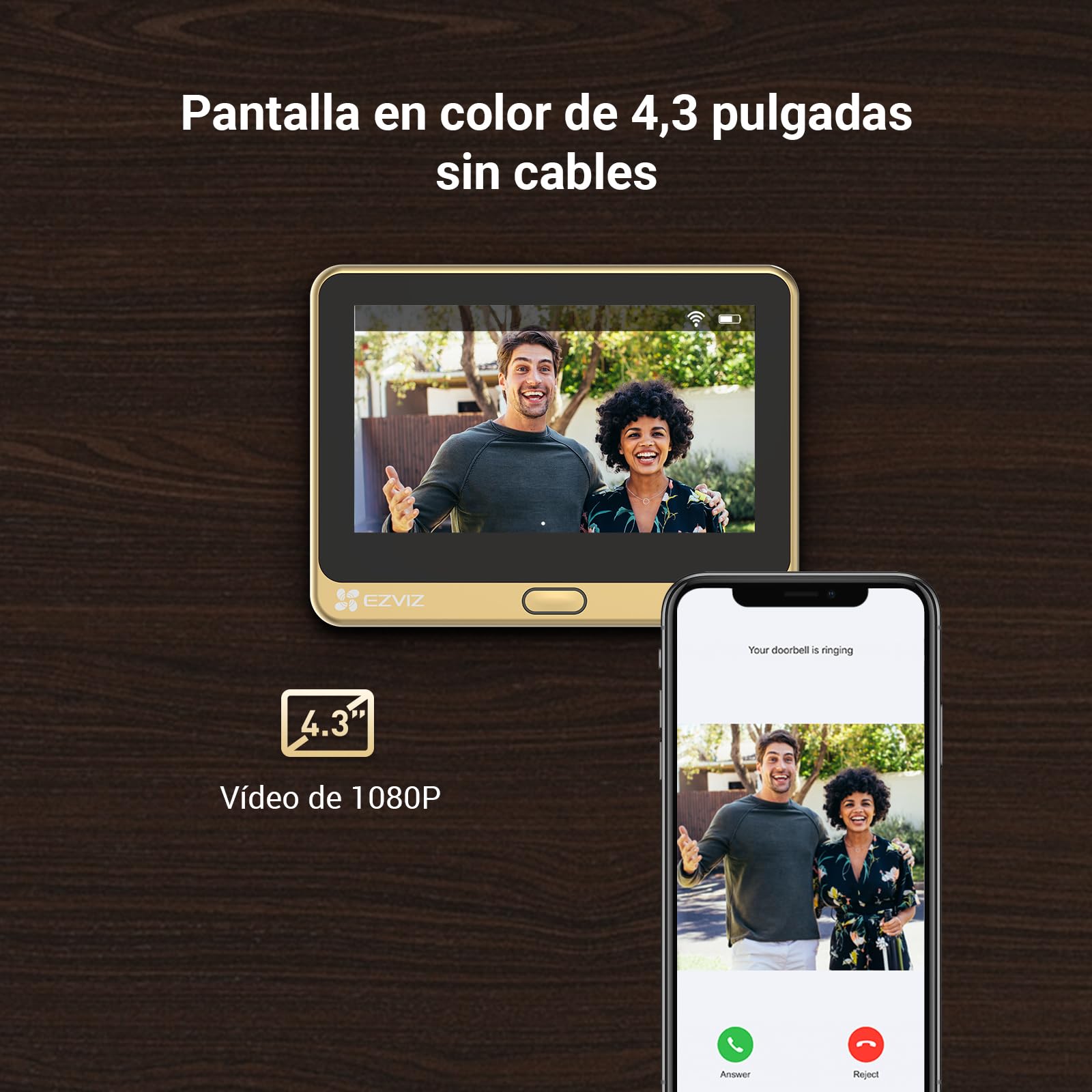 EZVIZ Mirilla Digital de Puerta con Pantalla LCD de 4.3'' Cámara Video Timbre Inalámbrico Monitor con Batería Recargable de 4600 mAh, Detección de Movimiento PIR, Audio Bidireccional, DP2C Dorado