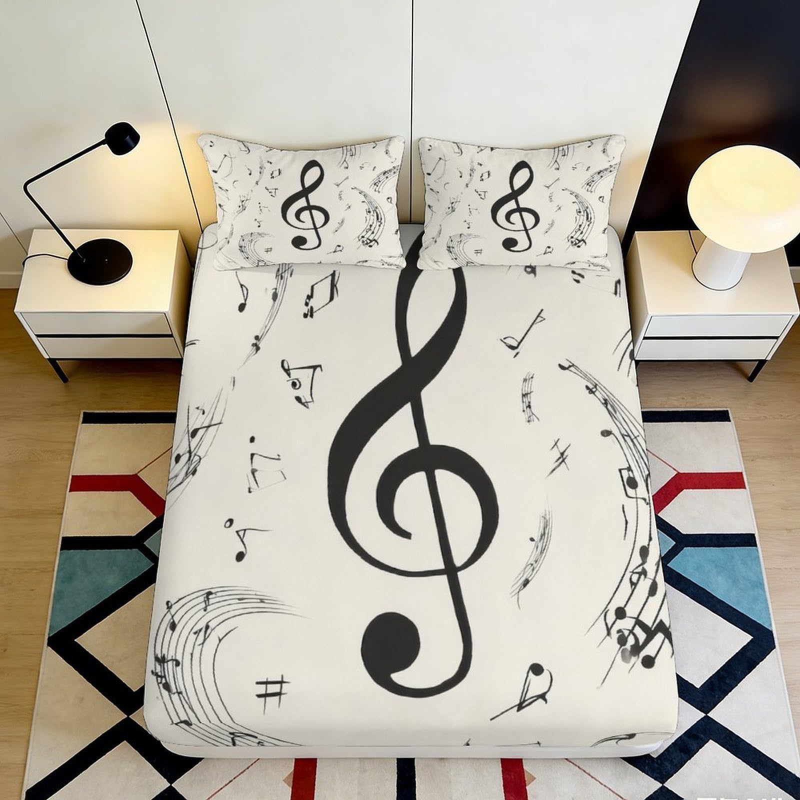 3D Printed Musical Notes Fitted Sheet Microfiber Soft Breathable Music Symbol Bed Cover for Bedroom Dormitory Guest Room Mattress Protection Decor 200x200x25cm
