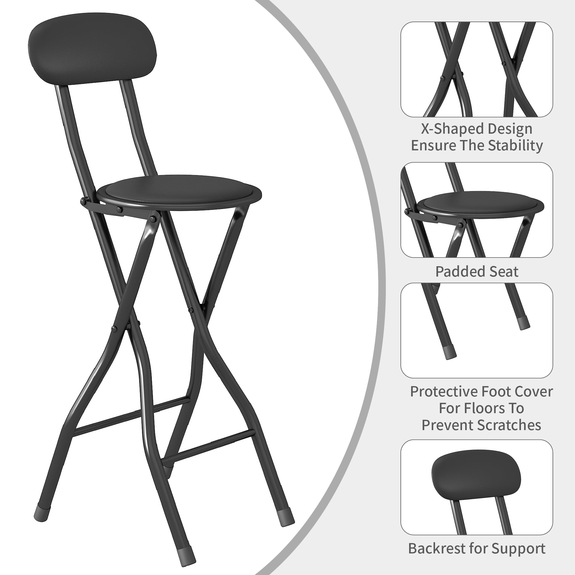 mcc direct Klappbare Barhocker, 4er-Set, für Frühstückstheke, Küche und Restaurant, klappbare Stühle aus Kunstleder mit Metallgestell, gepolsterte hohe Stühle (Schwarz)