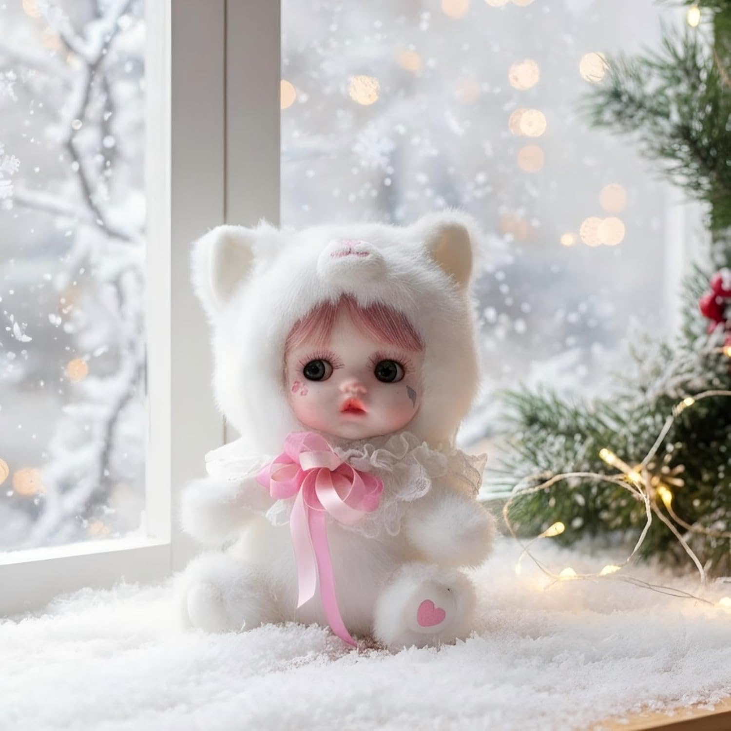 8 Inch Hand-Painted Porcelain Face Doll with Plush ＆ Acrylic Cotton Body, Mini Kawaii High-Color Makeup Ceramic Doll for Room Decor, Birthday Gifts, Collectible ，Name Kira (White)