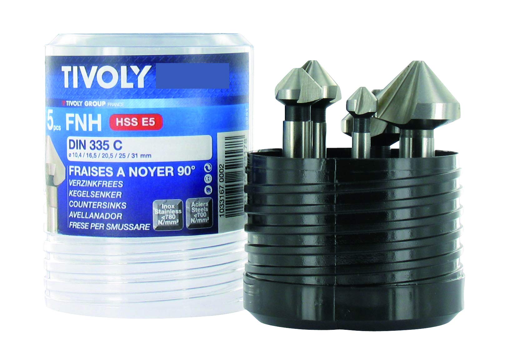 Coffret TIVOLY de 5 fraises à noyer DIN 335C HSS Cobalt 5% à 90° Ø 10,4 à 31 mm