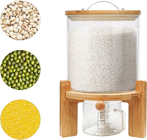 Miniatura 2 de Xuthusman Contenedor hermético de almacenamiento de alimentos secos, dispensador de arroz de cereales con tapas redondas de bambú, taza y soporte (5