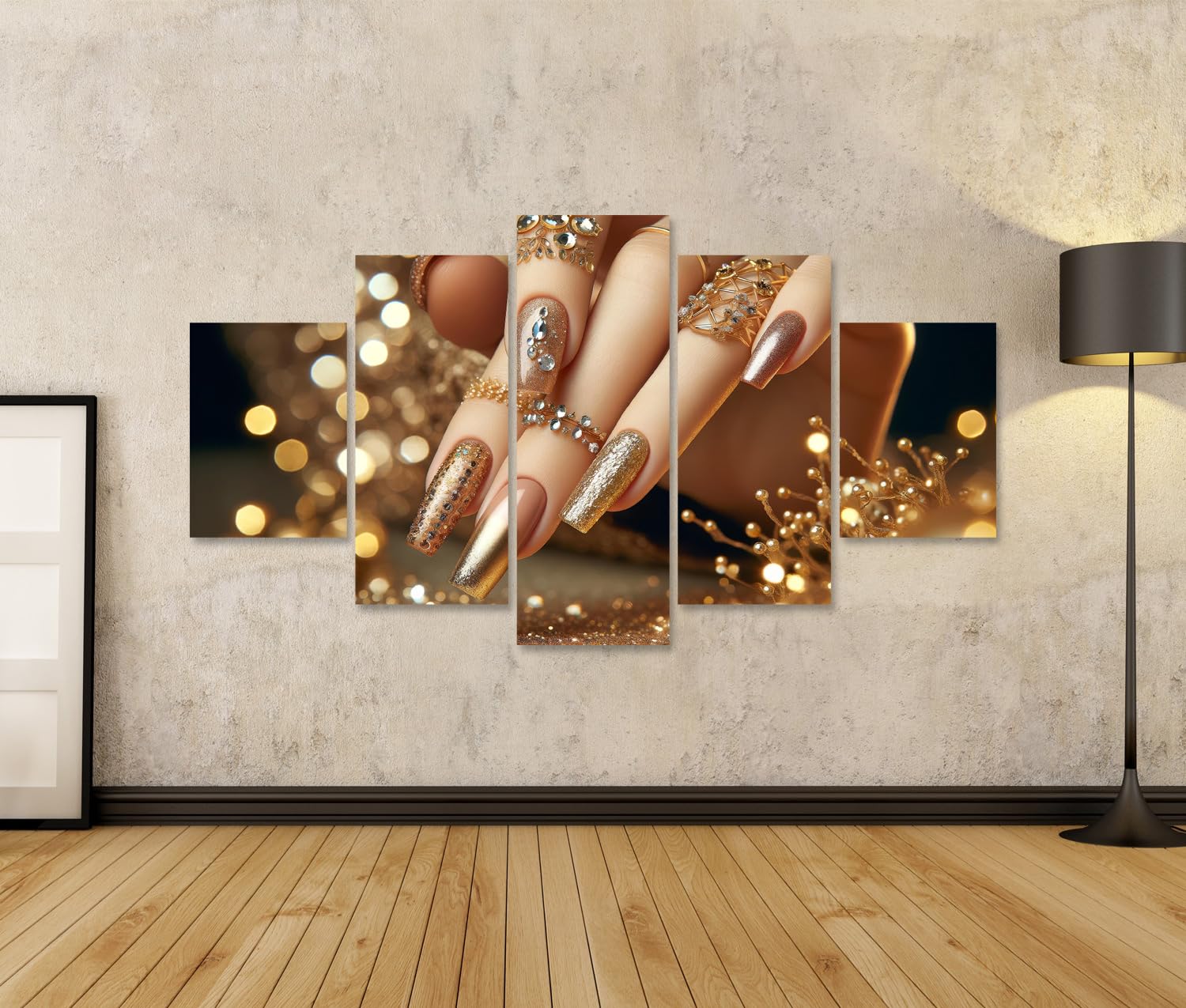 islandburner Cuadro sobre lienzo brillante esplendor dorado manicura con joyas acabado salón de uñas salón de belleza imágenes mural póster