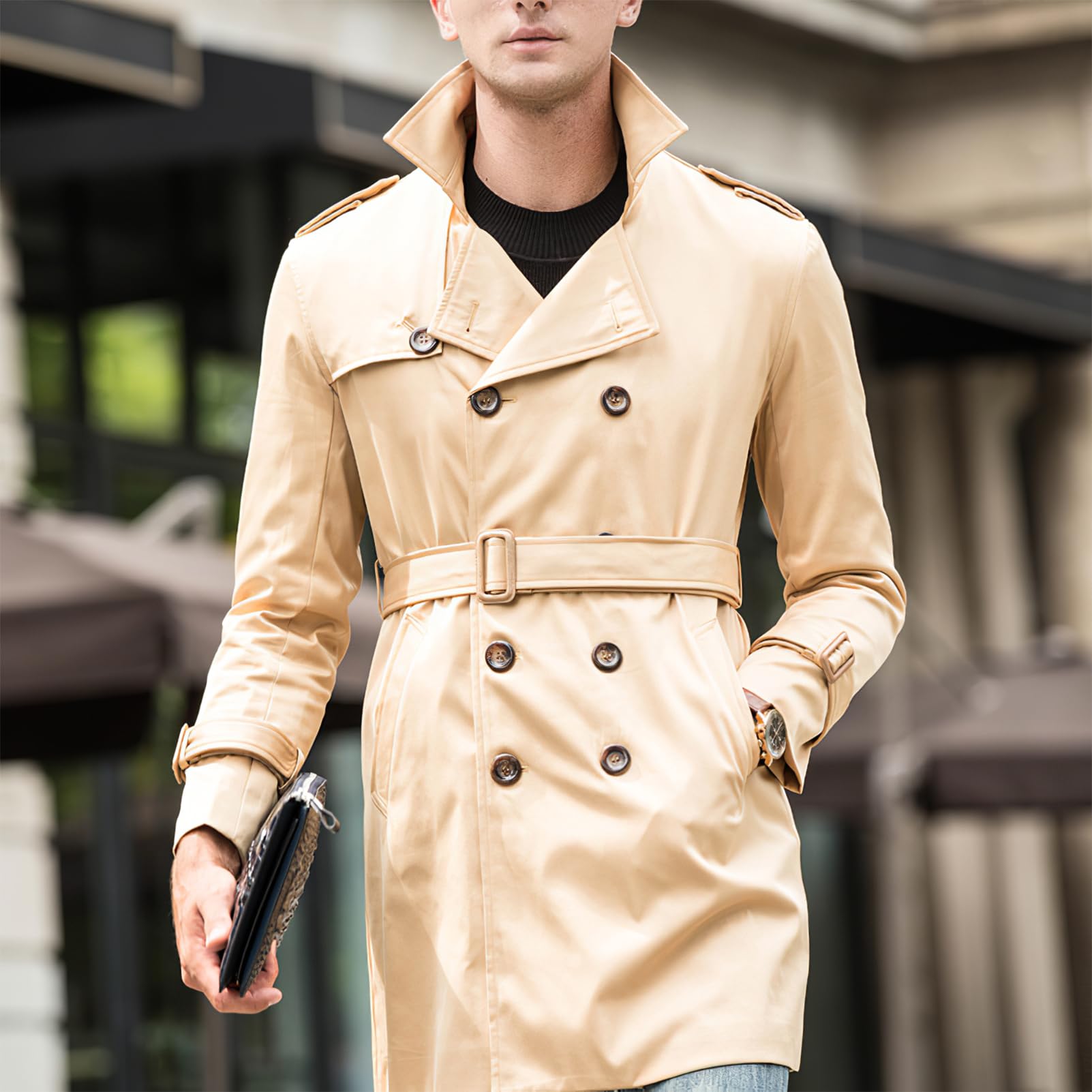 amropi Herren Trenchcoat Zweireihiger Revers Winddicht Mantel Windjacke mit Gürtel