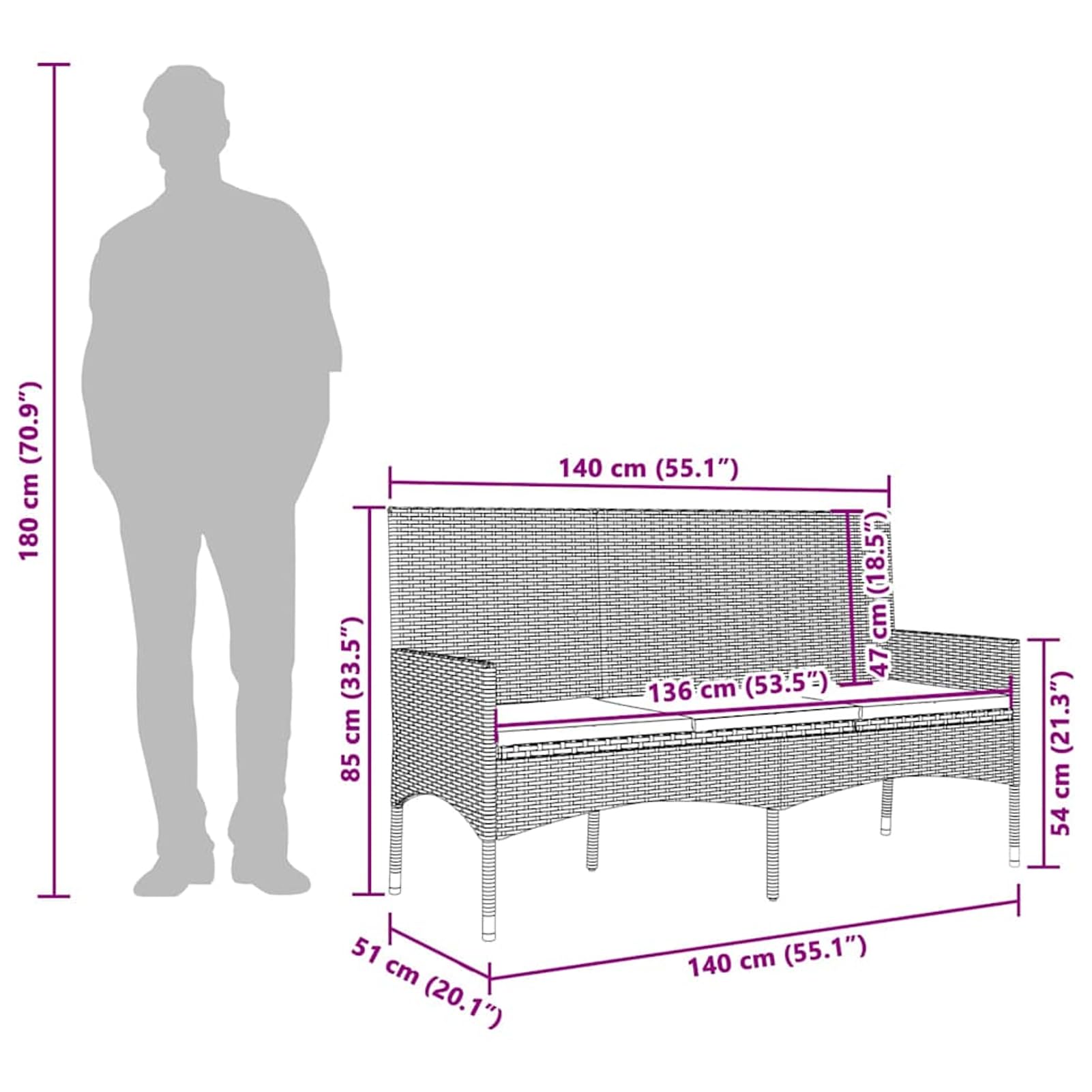 Poly-Rattan Gartenbank 3-Sitzer grau 140x51x85 cm