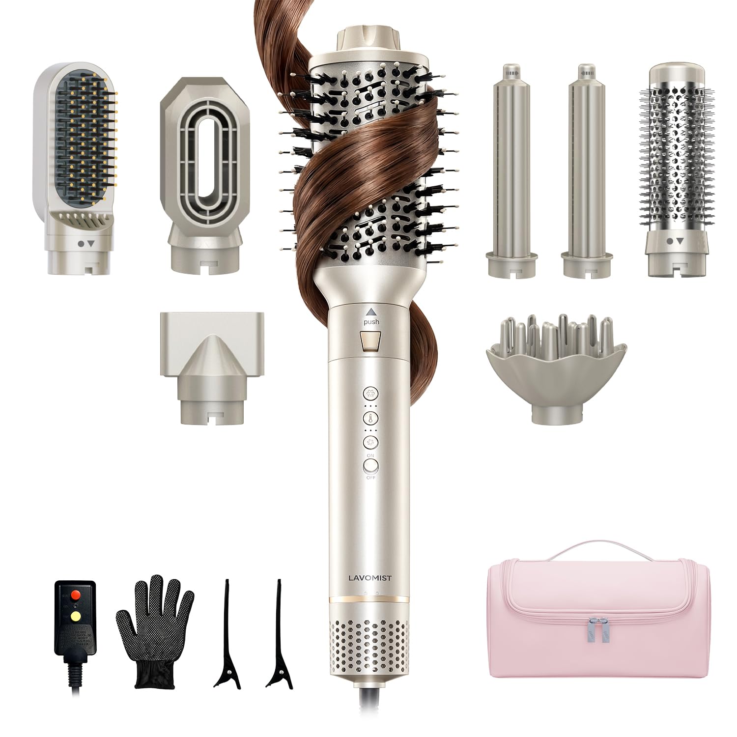 Photo 1 of Lavomist 9-in-1 Dual Voltage Hot Air Styler & Hair Dryer Brush (100-240V) with Straightener & Curler Attachments, 110,000 RPM Ionic Fast Drying for Frizz-Free Styling, Gifts for Mom Women