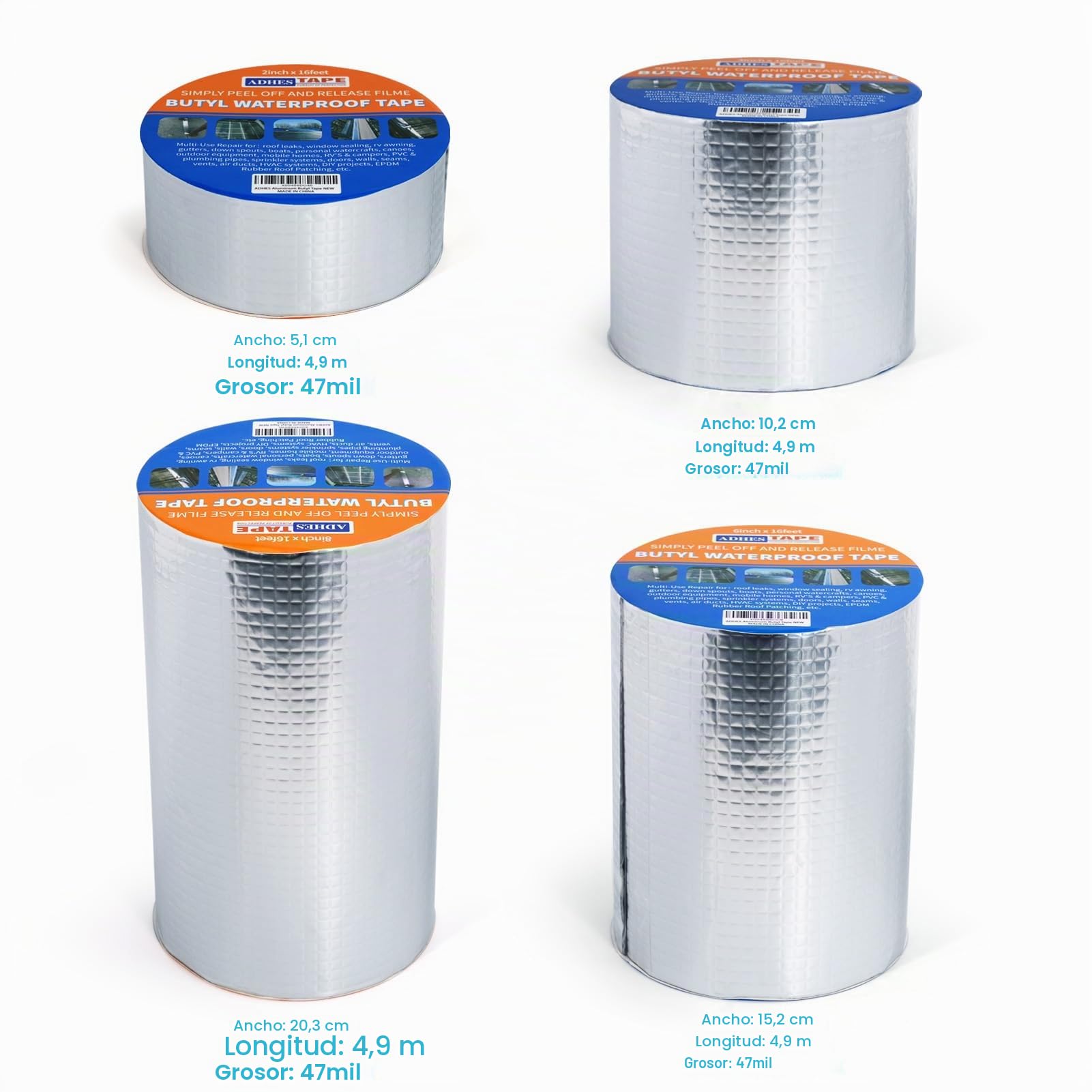 ADHES Cinta de Butilo Impermeable autoadhesiva, 20CM x 5M x 9Rollos, 47 mil de Espesor cinta aluminio adhesiva para fugas de techo, reparación de grietas, ruptura de tuberías