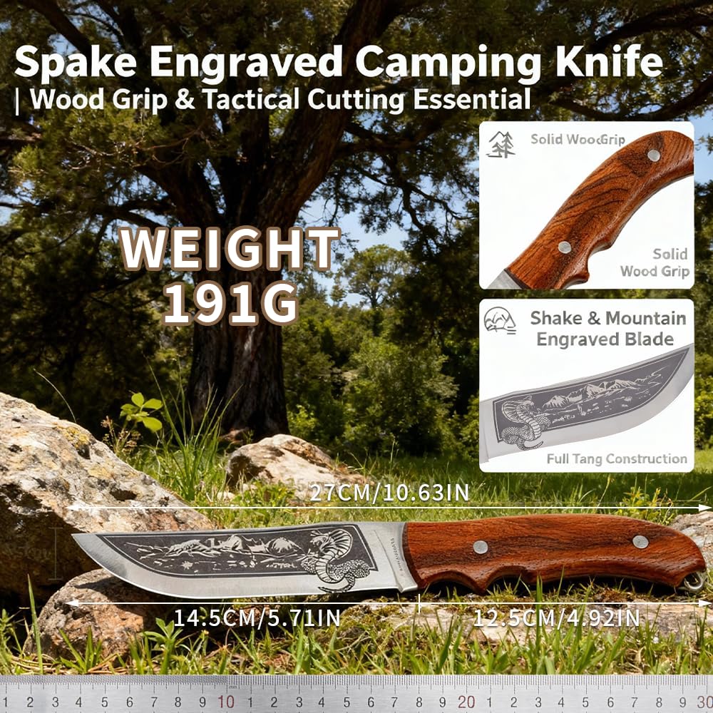 Coltello Outdoor 27cm – Lama Dritta Larga con Incisione Nera Cobra Montagna, Guardia Integrata, Impugnatura Ergonomica Legno di Hêtre Caldo con Fingerkerbe, Compagno Robusto per Attività Outdoor