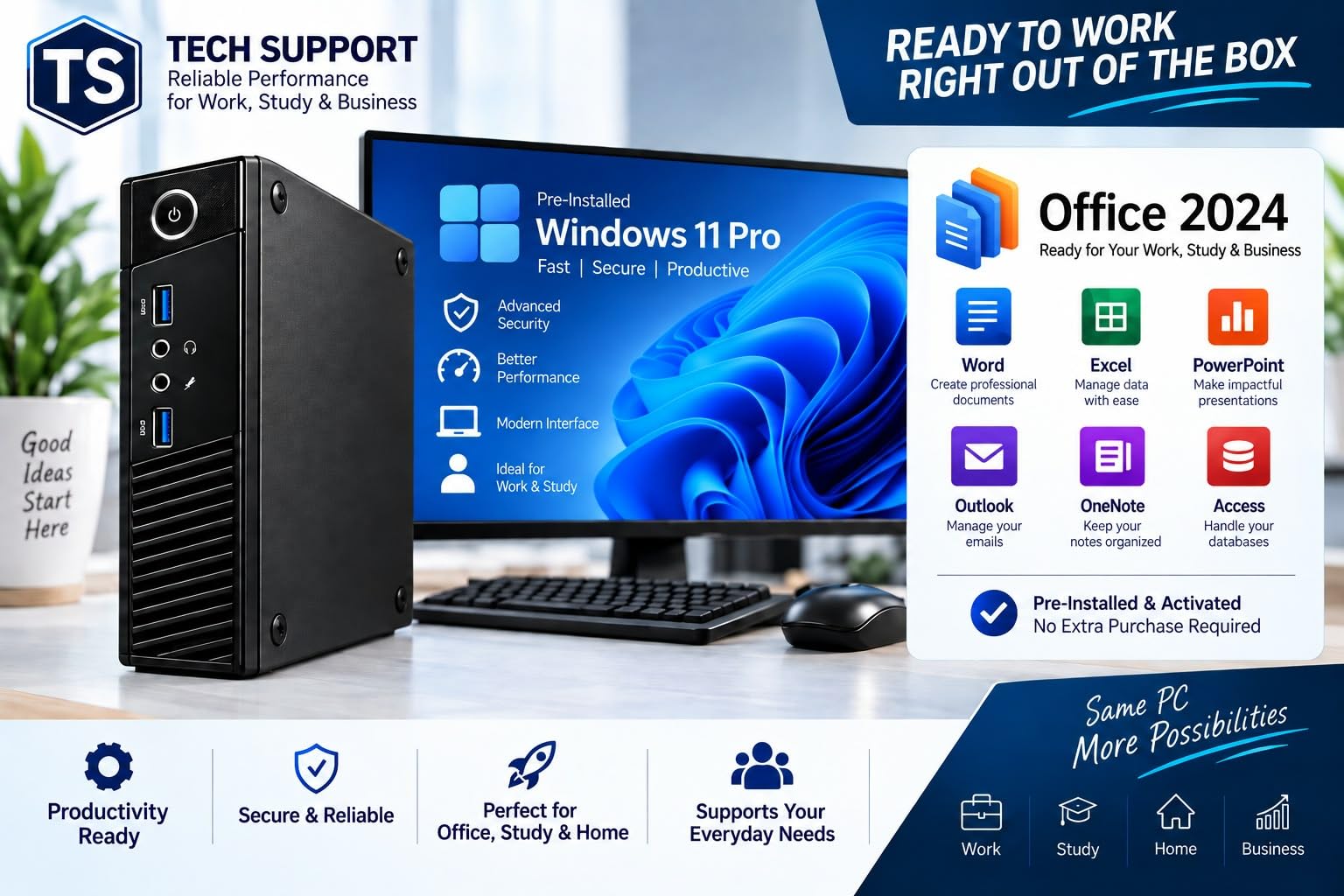 TECHSUPPORT Mini Desktop PC, Core i5 4th Gen, 8GB RAM, 256GB SSD, Windows 11 Pro, Office 2024, HD Graphics, WiFi, Compact Business & Office Computer | 1Year Onsite Warranty — Amazon image 3