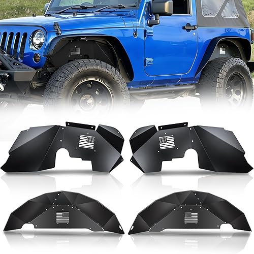 Front and Rear Aluminum Inner Fender Liner Set Compatible with 2007-2018 Wrangler JK JKU, US Flag Pattern, Great Fitting&Easy to Install, JK Accessories, Black 4PCS