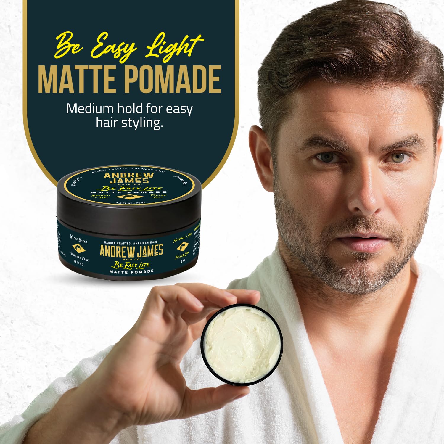 ANDREW JAMES Matte Pomade 3-Pack | Be Easy | 2.75 Ounce Each| Strong Hold | Matte Finish | Natural Look | Provides A Fuller Look | Easy To Wash Out | Made In the USA