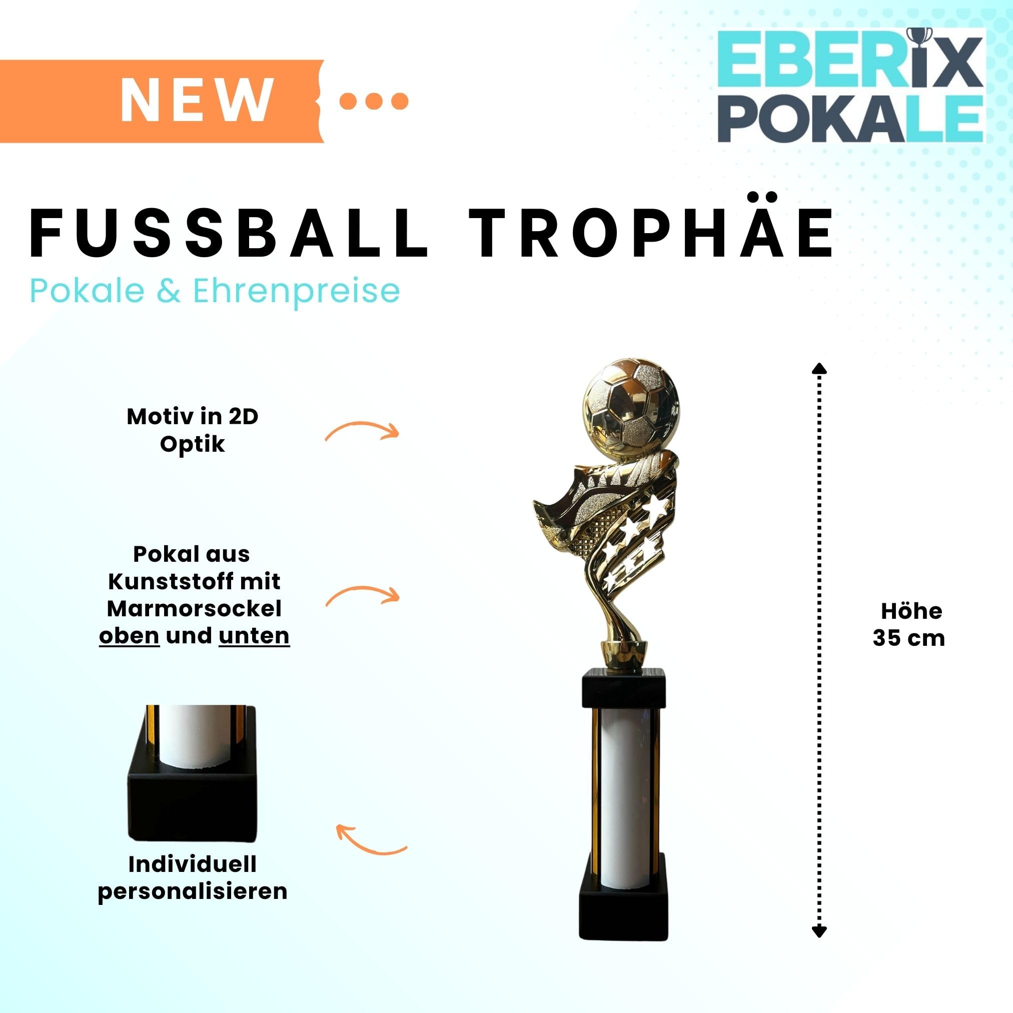 eberix · Fußball Pokal · mit Wunschgravur · Trophäe mit weißer Glanzsäule inkl. Gravur · Siegerpokal für Fußballturnier, Vereinsmeisterschaft, Jugendfußball · personalisierbar ·