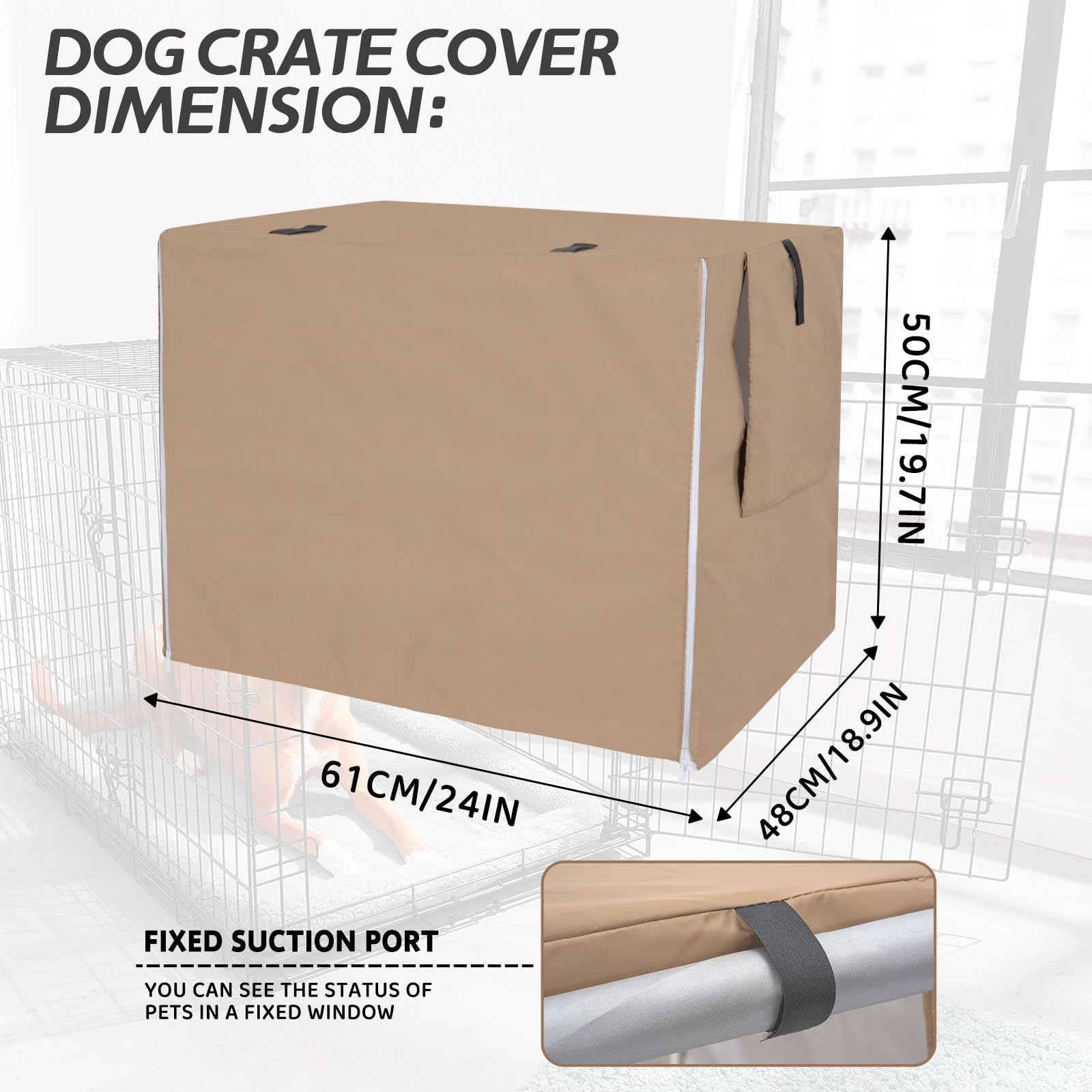 OUUTMEE Abdeckungen für Hundekäfige, 210D Polyester Hundebox-Abdeckung, wasserdichte Hundekäfig-Abdeckung mit Tür und belüftetem Fenster 61LX48WX50H, Beige