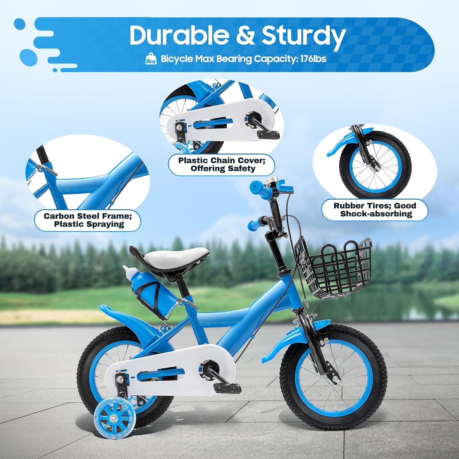 Bicicleta infantil de 12 pulgadas azul con ruedas estabilizadoras, altura ajustable para niños de 2 a 5 años con cesta, soporte de agua y freno doble para niños y niñas