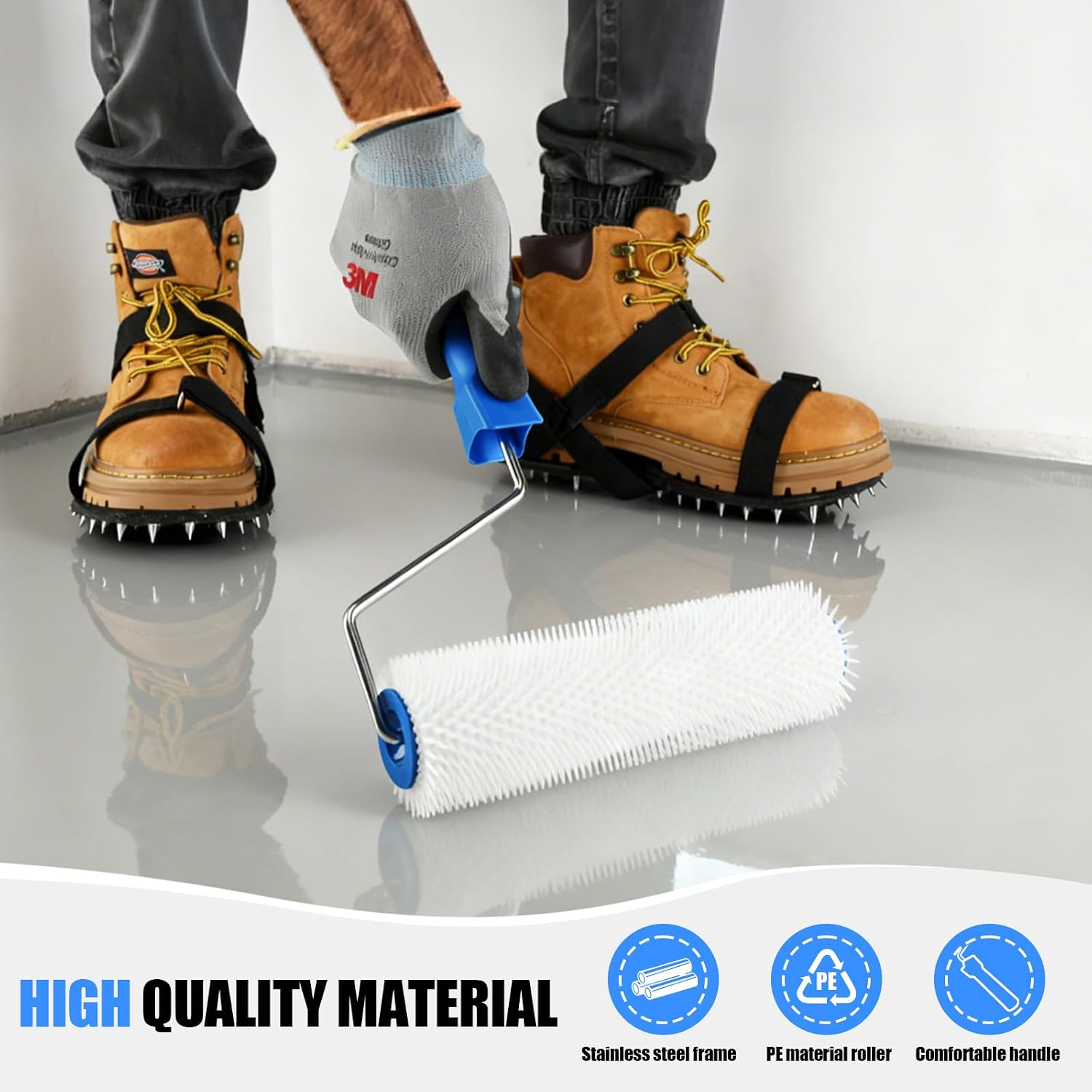 9 Inch Screed Spiked Roller Self Leveling Concrete Roller Epoxy Roller Floor Construction Roller Spiked Shoes,Self-Levelling Cement Tool Kit,Floor Leveling Tools,Concrete Tools