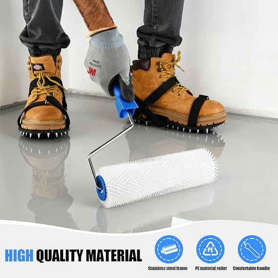 9 Inch Screed Spiked Roller Self Leveling Concrete Roller Epoxy Roller Floor Construction Roller Spiked Shoes,Self-Levelling Cement Tool Kit,Floor Leveling Tools,Concrete Tools