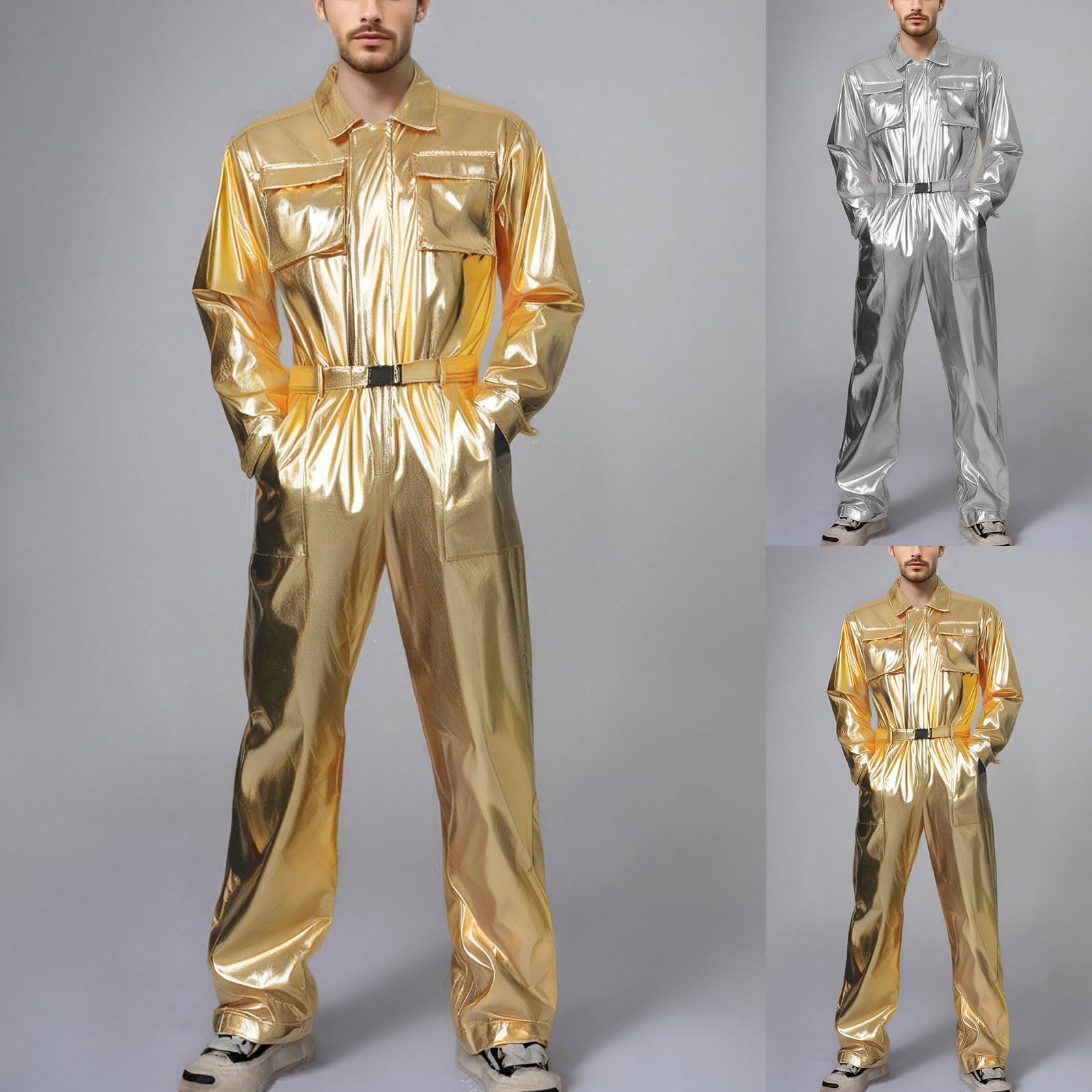 Generisch Glänzend Overall Herren Lang Baggy Einteiler Metallic Jumpsuits mit Stretch Taillengürtel Arbeitsoverall Langarm 80er Jahre Disco Tanz Outfits Mottoparty Jumpsuit Halloween Kostüm