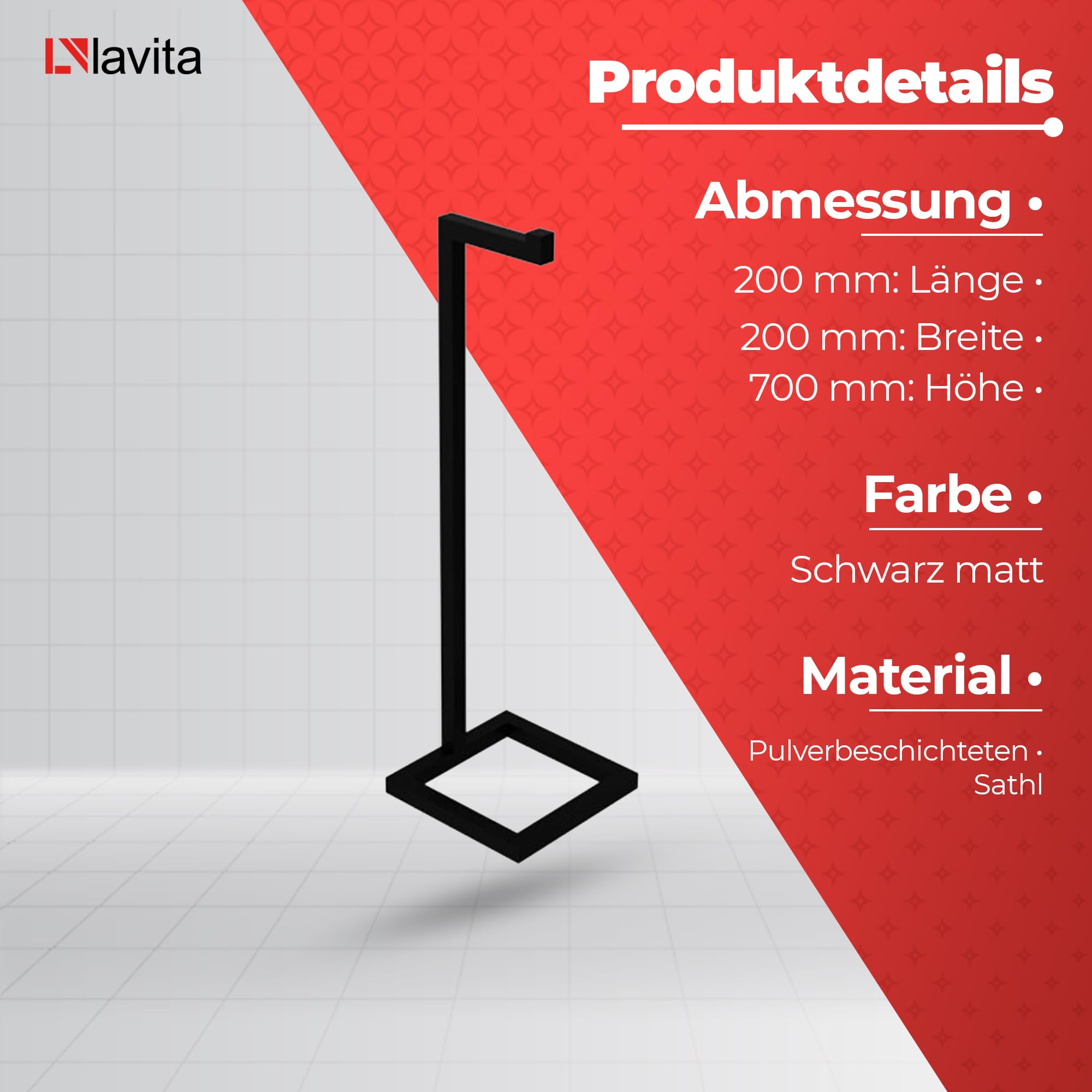 LAVITA SAMAR Toilettenpapierhalter Stehend | Mattschwarz | Klopapierhalter Freistehend |WC Rollenhalter | Toilettenpapier aufbewahrung | Stabiler Klorollenhalter |Toilettenpapierständer |200x200x700mm