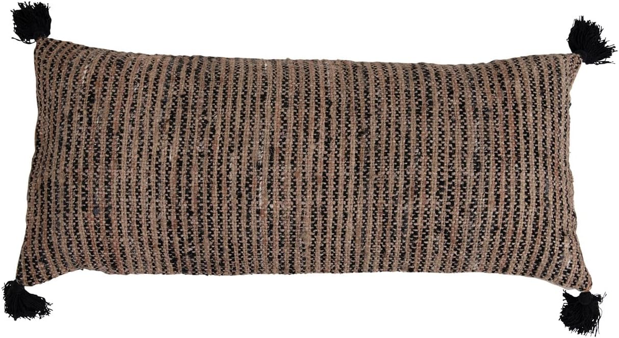 Bloomingville Woven Cotton Striped Lumbar Chambray Back and Tassels Pillow, 36" L x 16" W x 1" H, Black