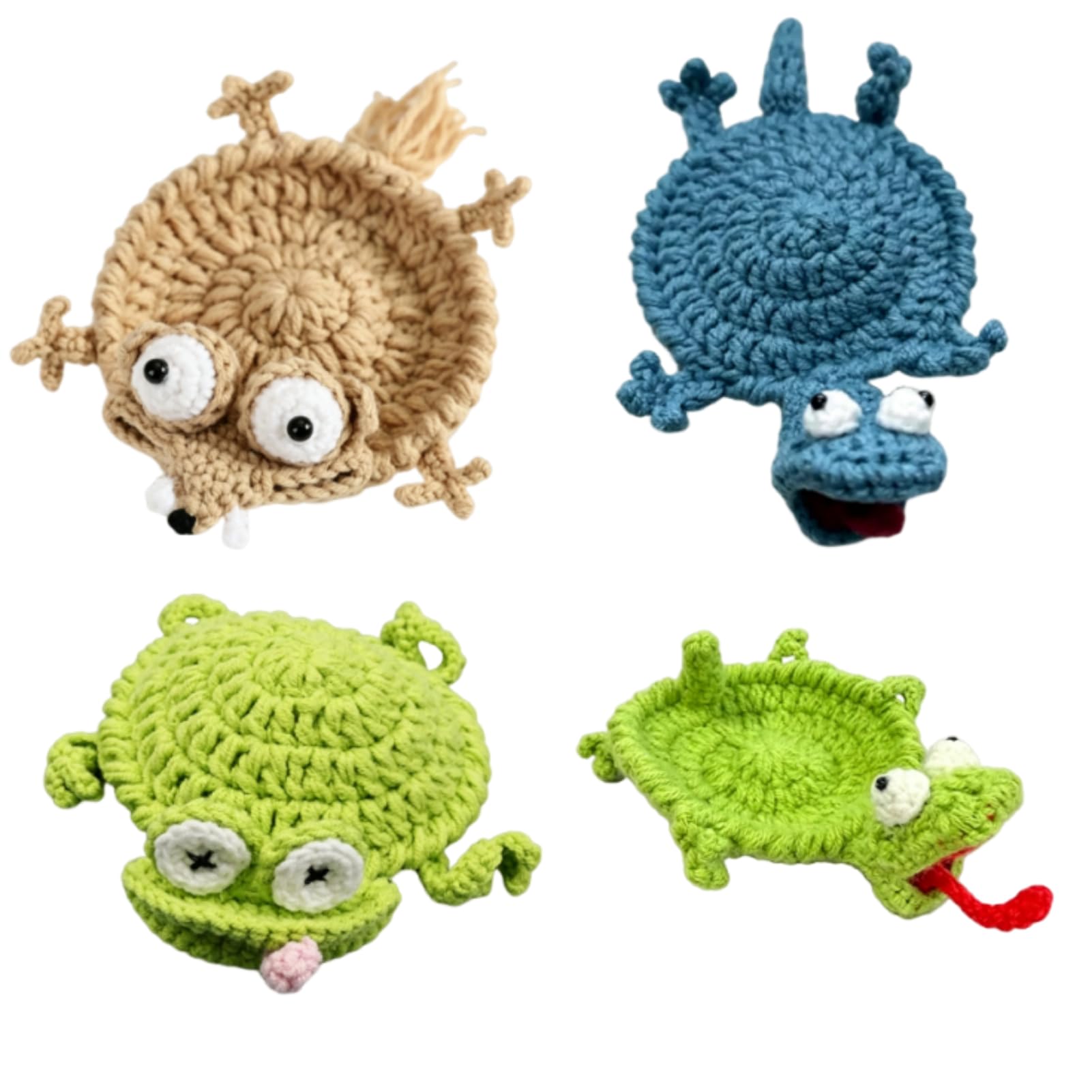 Funny Crochet Coaster, Crochet Critter Mat Coaster, Cute Handmade Drink Coasters, Woven Table Protection Cup Mat for Coffee Table Desk Decor, Unique Gift for Coffee & Animal Lovers (4Pcs)