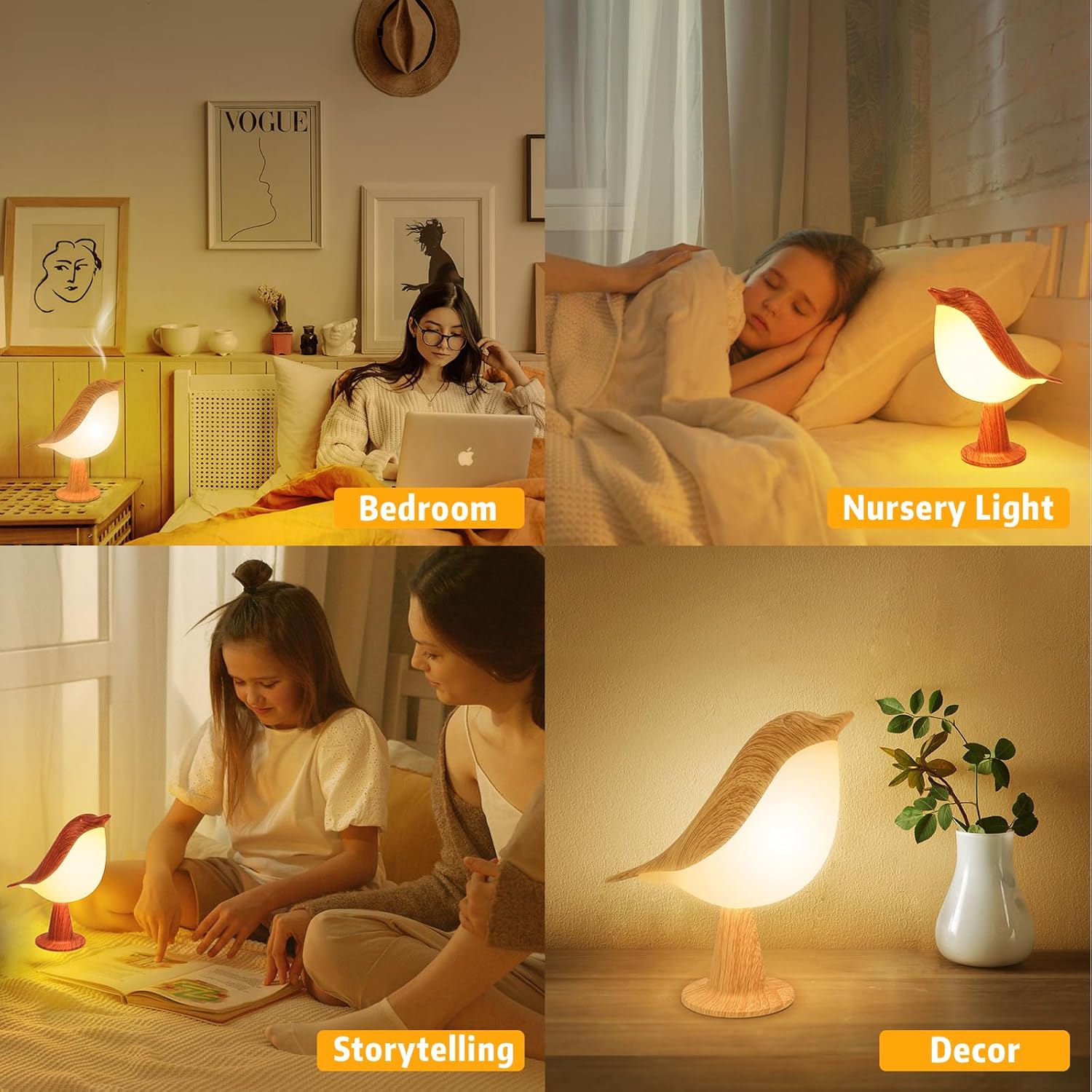 Deogos 2 Cute Bird Lamps Combo,Small Bedside Lamps with 3 Color Temperature and Adjustable Brightness,Rechargeable Cordless Lamp for Bedroom Nightstand Bedside Table (Wood Tone + Red)