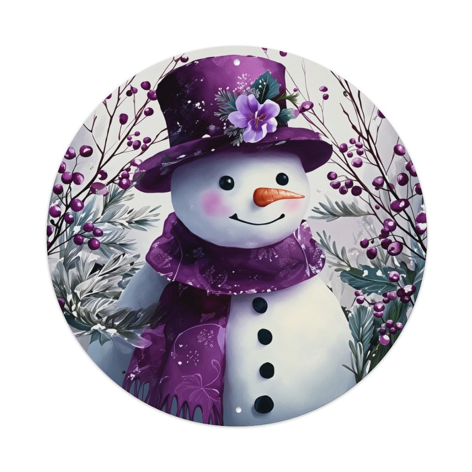 Snowman Winter Purple Floral Berries Round Tin Sign Retro Metal Sign for Cafe Bar Pub Home Game Room Gym Club Wall Decoration Vintage Metal Poster 8x8 Inch