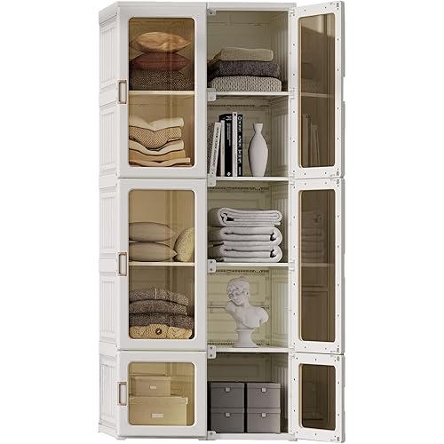 Portable Wardrobe Closet Storage Organizer for Clothes,Transparent Door Panels,Suitable for Living Room, Bedroom,Plastic Wardrobe with Magnetic Door and Easy Assembly 10 Cubes