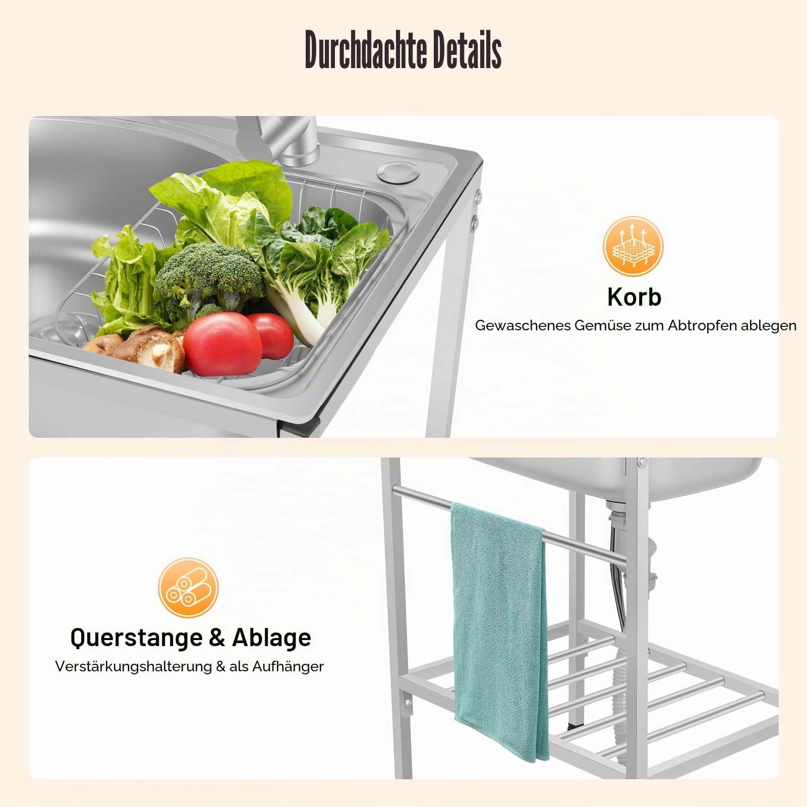 Edelstahl Spültisch, Küchenspüle Spülbecken Mit Unterschrank, Ausgussbecken Mit Heißer & Kalter Armatur, Freistehende Spüle Für Küche Restaurant, 60 * 45 * 75cm