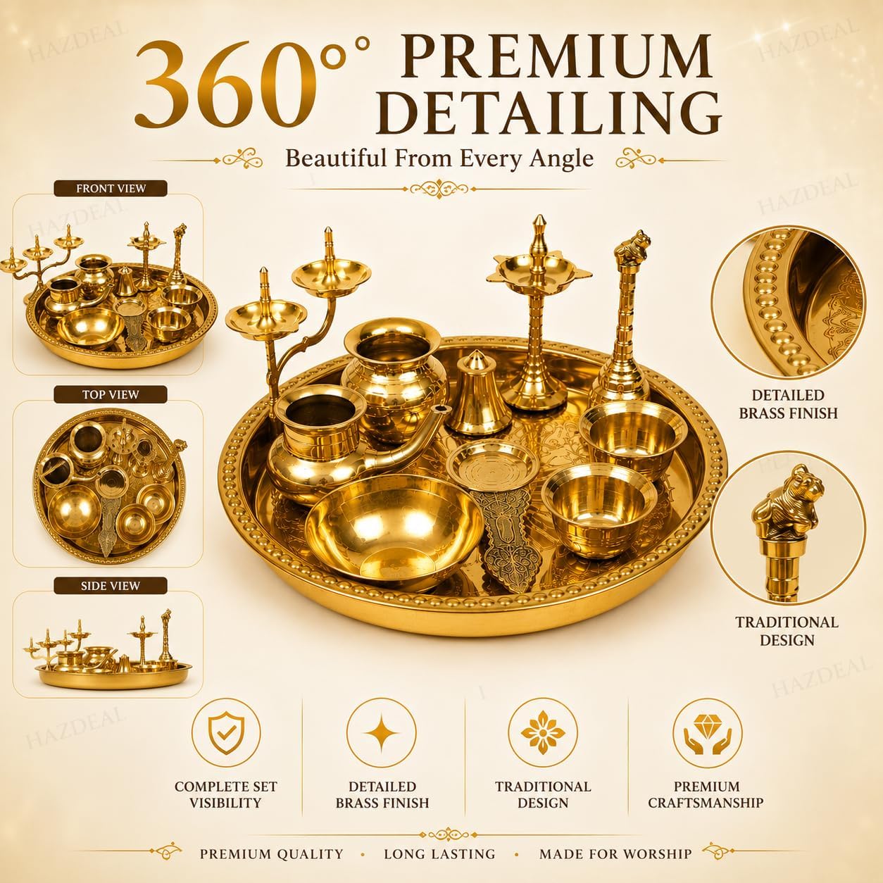 Brass Ashta Mangala Pooja Thali Set with 12 Inch Decorative Thali – Traditional Kerala Ashtamangalyam Set, Complete Hindu Puja Kit