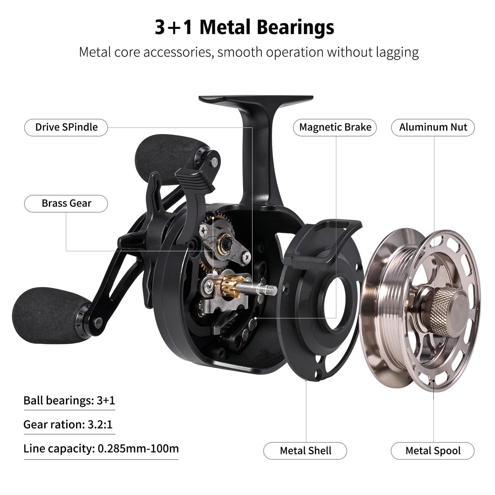 Carrete de pesca en hielo | Carrete de freespool en línea | Equipo de pesca resistente al desgaste, carrete de pesca en hielo de gran diámetro con carrete de metal resistente al desgaste 3+1 Bb