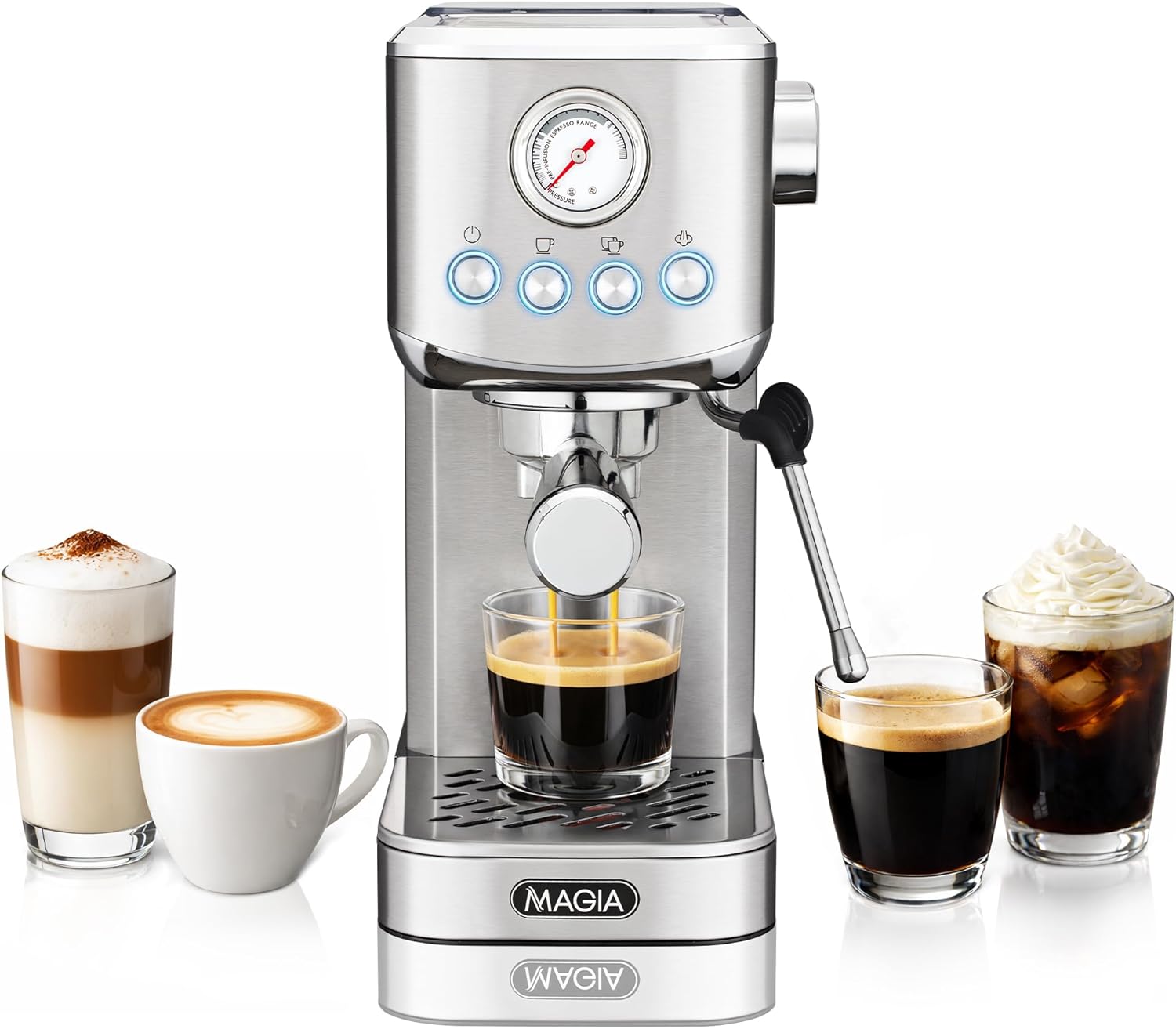 Zulay Kitchen Magia Compact Espresso Machine – 20 Bar Coffee Maker with Milk Frother Steam Wand, Latte & Cappuccino Maker, 1350W Fast Heating, 40oz Removable Water Tank, Stainless Steel – Silver