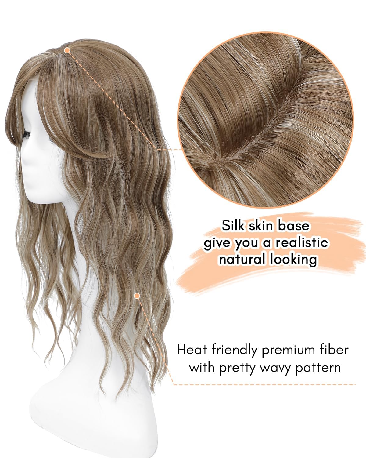 20 Inch Hair Toppers For Women Long Wavy Curly Hair Topper Darkest Brown Clip In Synthetic Wiglets Hair Pieces For Women (Ash Brown with Highlights - Image 2