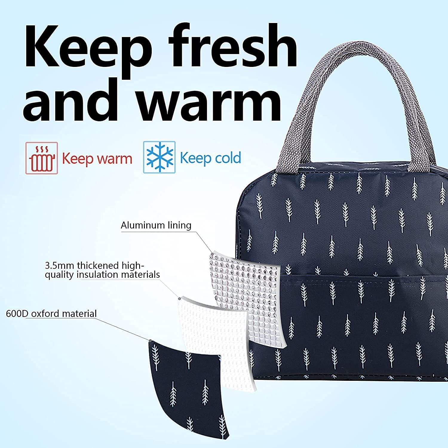 AOXITO Polyester Large Insulated Lunch Bag for Office Men, Women, Kids School, Travel Tiffin Bag Pouch, Hot & Cold Lunch Box Bags for Boys, and Girls (Blue Leaf) (Blue), 10 Liters