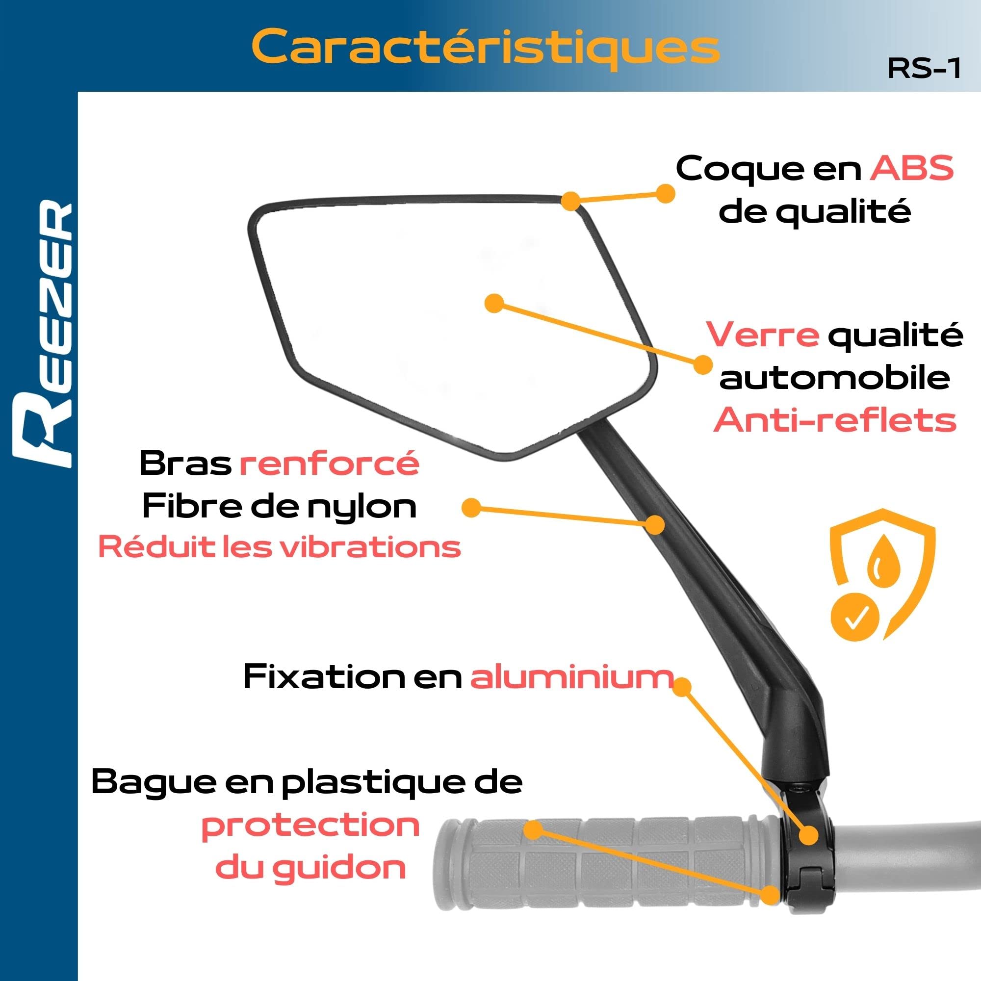REEZER RS1 - Retroviseur velo et trottinette electrique - Pour guidon 22 à 25,4 mm - Réfléchissant - Réglable 360° GAUCHE