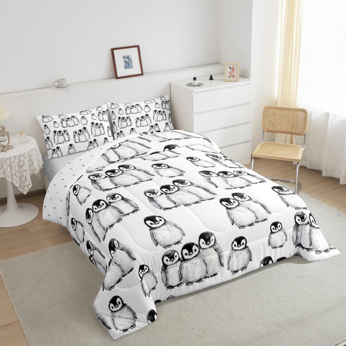 Erosebridal Penguin Comforter Set Twin Size for Kids Boys Girls Antarctic Animal Bedding Set Penguin Illustration Down Comforter Grey White and Black Cartoon Quilted Comforter with 1 Pillow Case