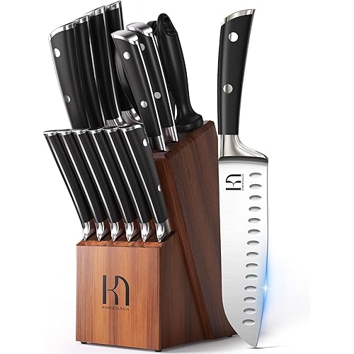KnifeSaga Knife Set, 15 Pcs Kitchen Knife Block Sets with Sharpener, Japanese High Carbon Stainless Steel Set of Knives, Premium Razor Sharp Black Knives Set with Block for Kitchen, Ergonomic Handle