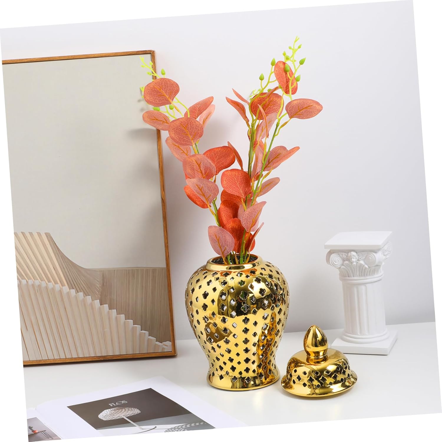 Unomor Hollow Out Ceramic Jar Decorative Flower Vase Multi Functional Kitchen Container for Dried Flowers Silk Arrangements Wedding Home Accent