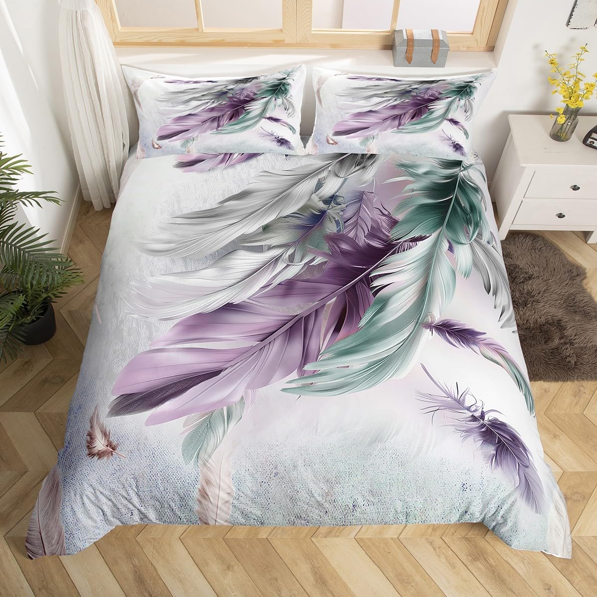 Feelyou Feather Print Bedding Set Boho Duvet Cover Set Kids Girls Wommen Purple Feather Comforter Cover Bohemian Feathers Pattern Quilt 1 Duvet with 2 Pillowcases Full Size (No Comforter)