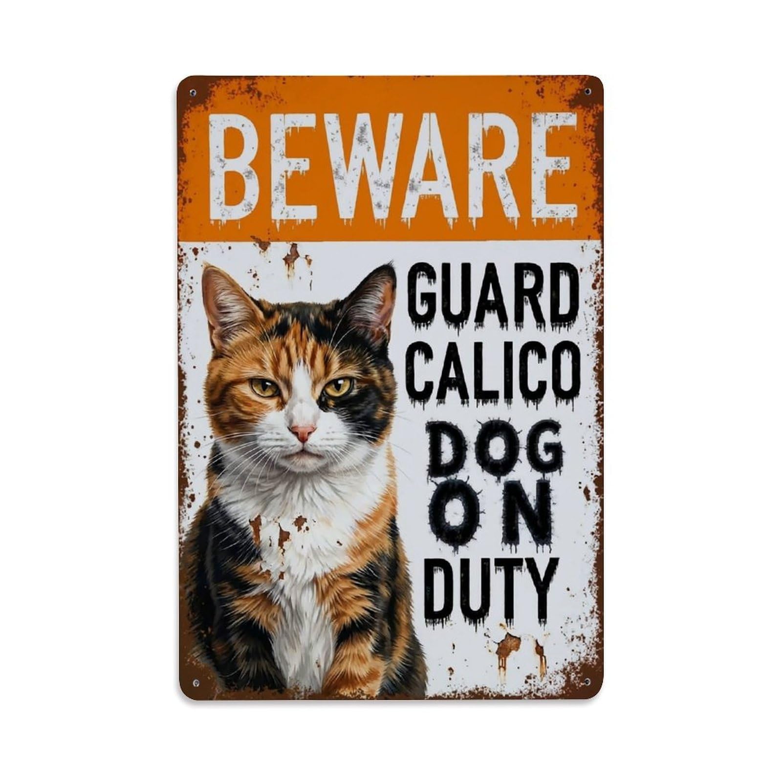 Vintage Funny Calico Guard Beware of Cat Entrance Metal Tin Sign Plaque Wall Decor for Cafe, Club Bar, Office, Garden Metal Poster 8x12Inch